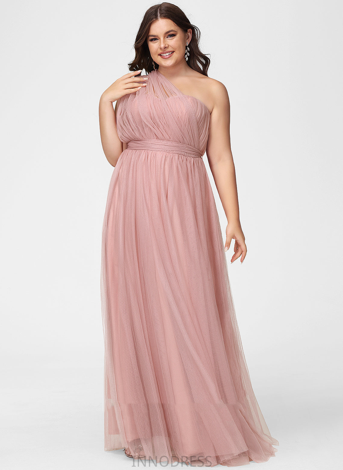 Fabric One-Shoulder Off-the-Shoulder Neckline A-Line Floor-Length Tulle Straps Silhouette V-neck Length Emmalee Bridesmaid Dresses