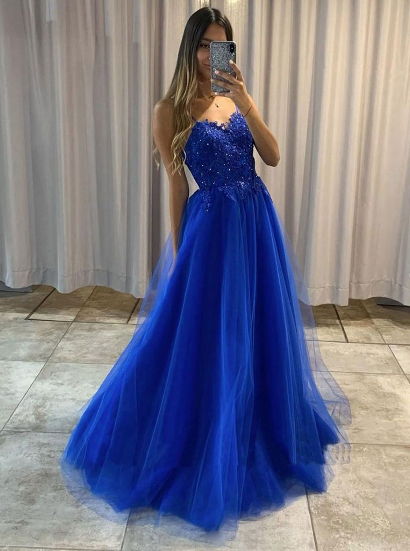 Blue Sleeveless A Line Tulle Lace Long Evening Dresses