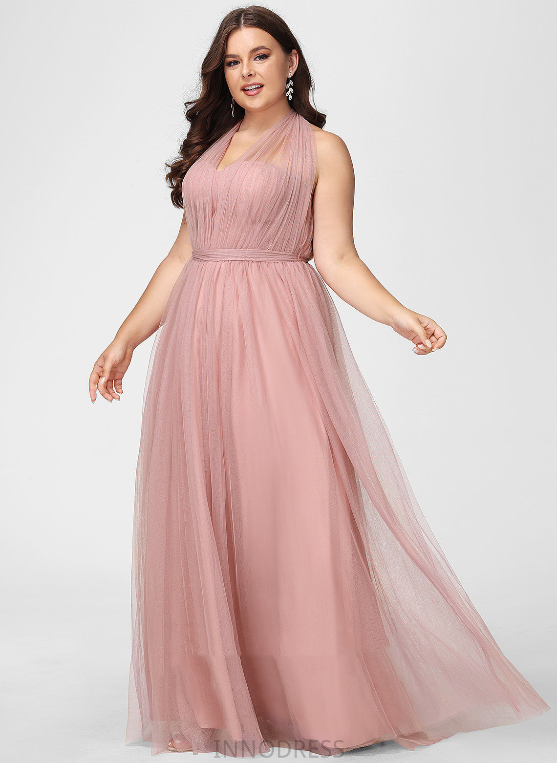 Fabric One-Shoulder Off-the-Shoulder Neckline A-Line Floor-Length Tulle Straps Silhouette V-neck Length Emmalee Bridesmaid Dresses