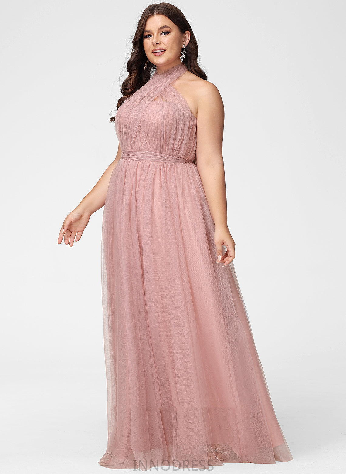 Fabric One-Shoulder Off-the-Shoulder Neckline A-Line Floor-Length Tulle Straps Silhouette V-neck Length Emmalee Bridesmaid Dresses