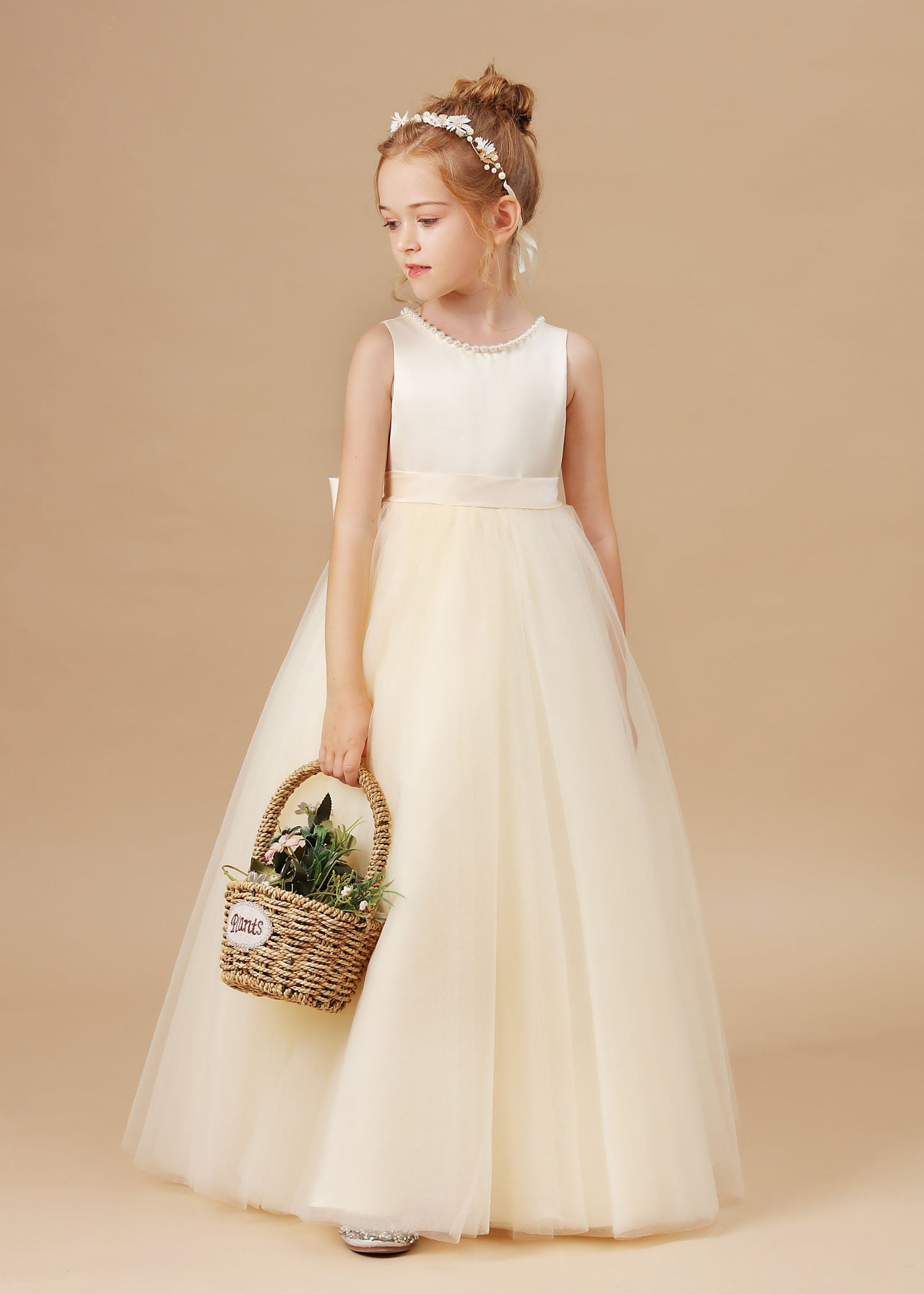 Champagne Sleeveless Tulle Satin Flower Girl Dresses With Bow