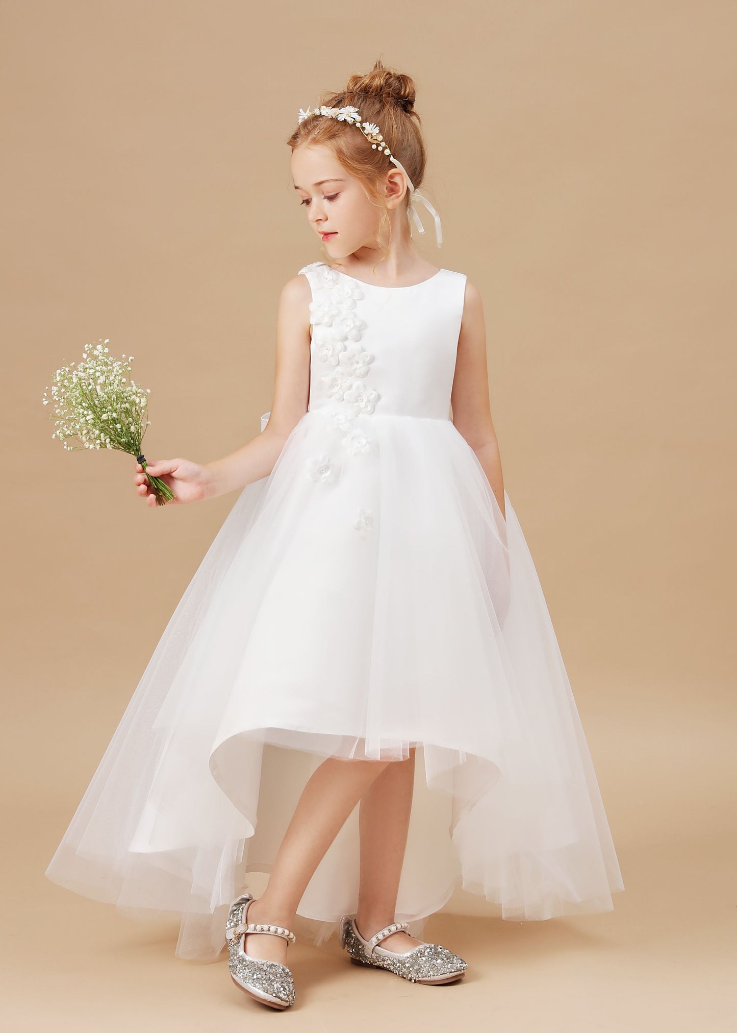 Chic Hi-Lo Sleeveless Applique Tulle Stain Flower Girl Dresses With Bownet