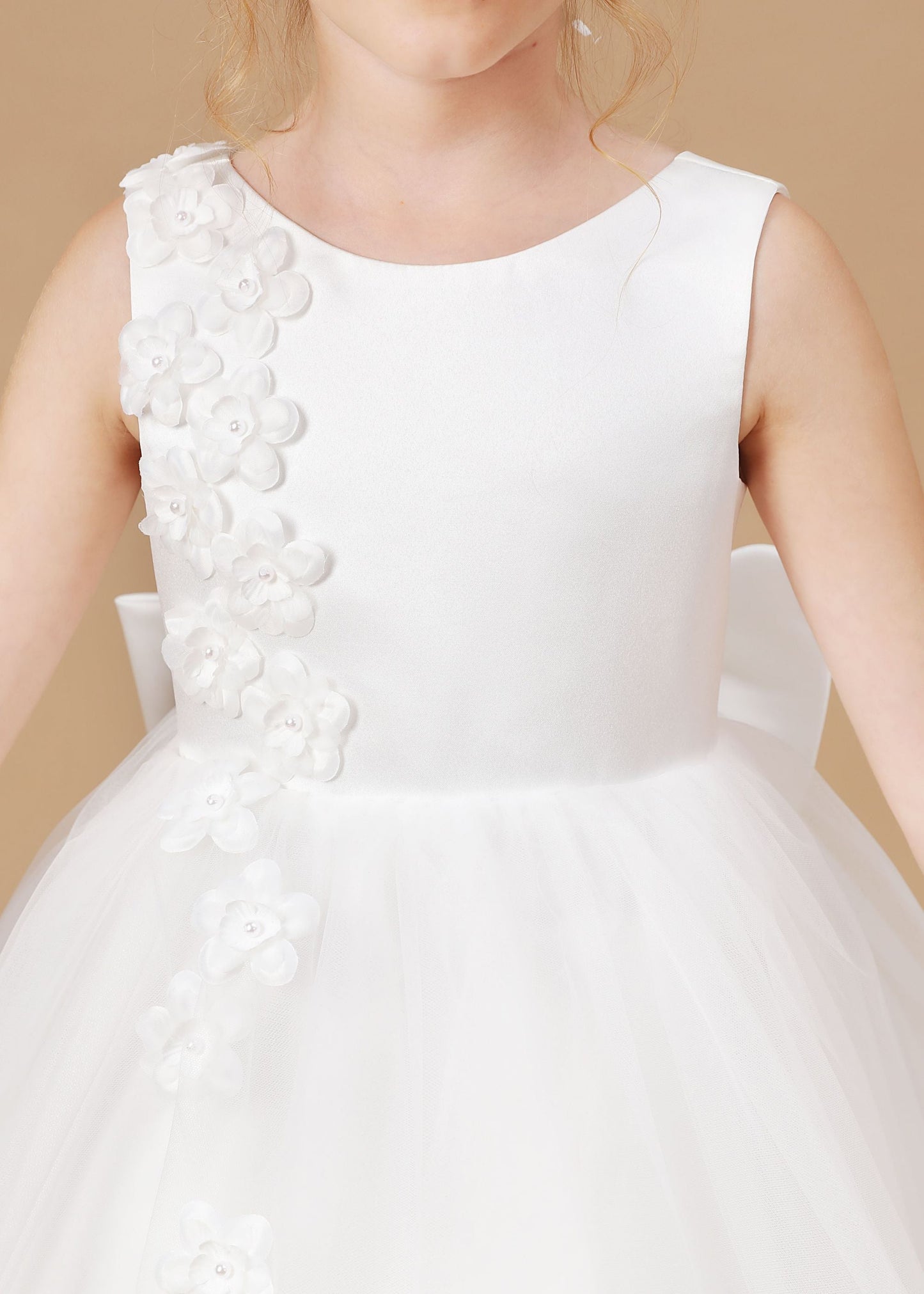 Chic Hi-Lo Sleeveless Applique Tulle Stain Flower Girl Dresses With Bownet