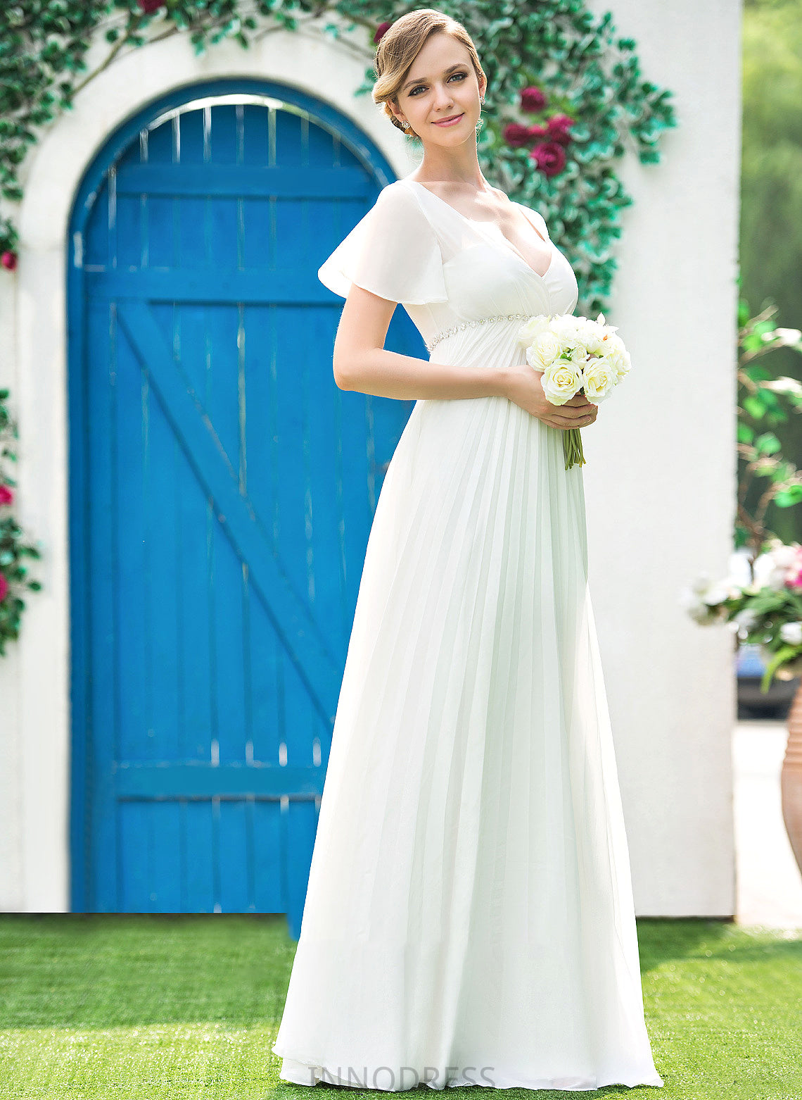 Pleated Wedding Empire Margaret Beading Dress Floor-Length V-neck Chiffon Wedding Dresses With