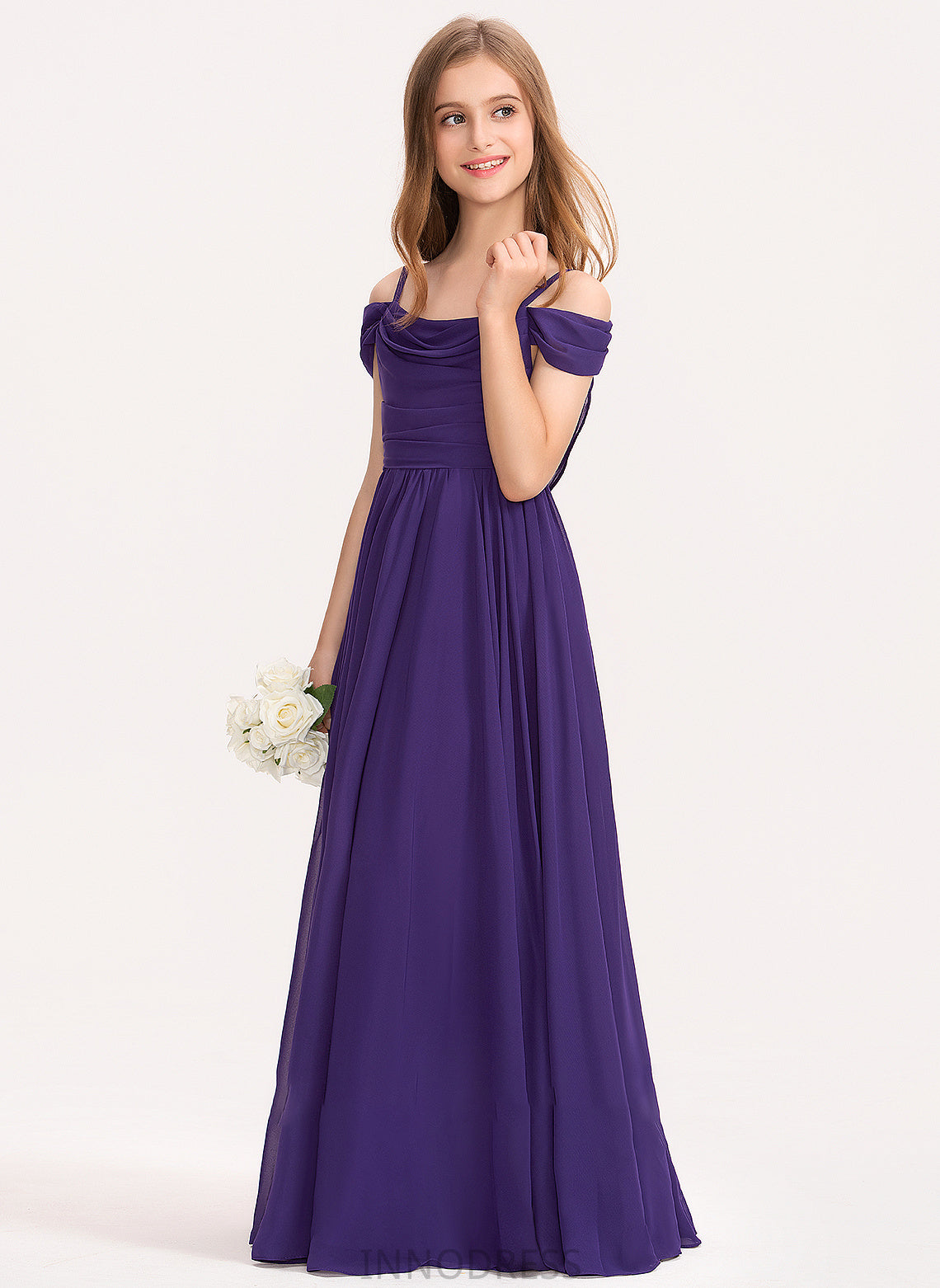 Ruffle Jaslene A-Line Floor-Length Off-the-Shoulder Junior Bridesmaid Dresses With Chiffon