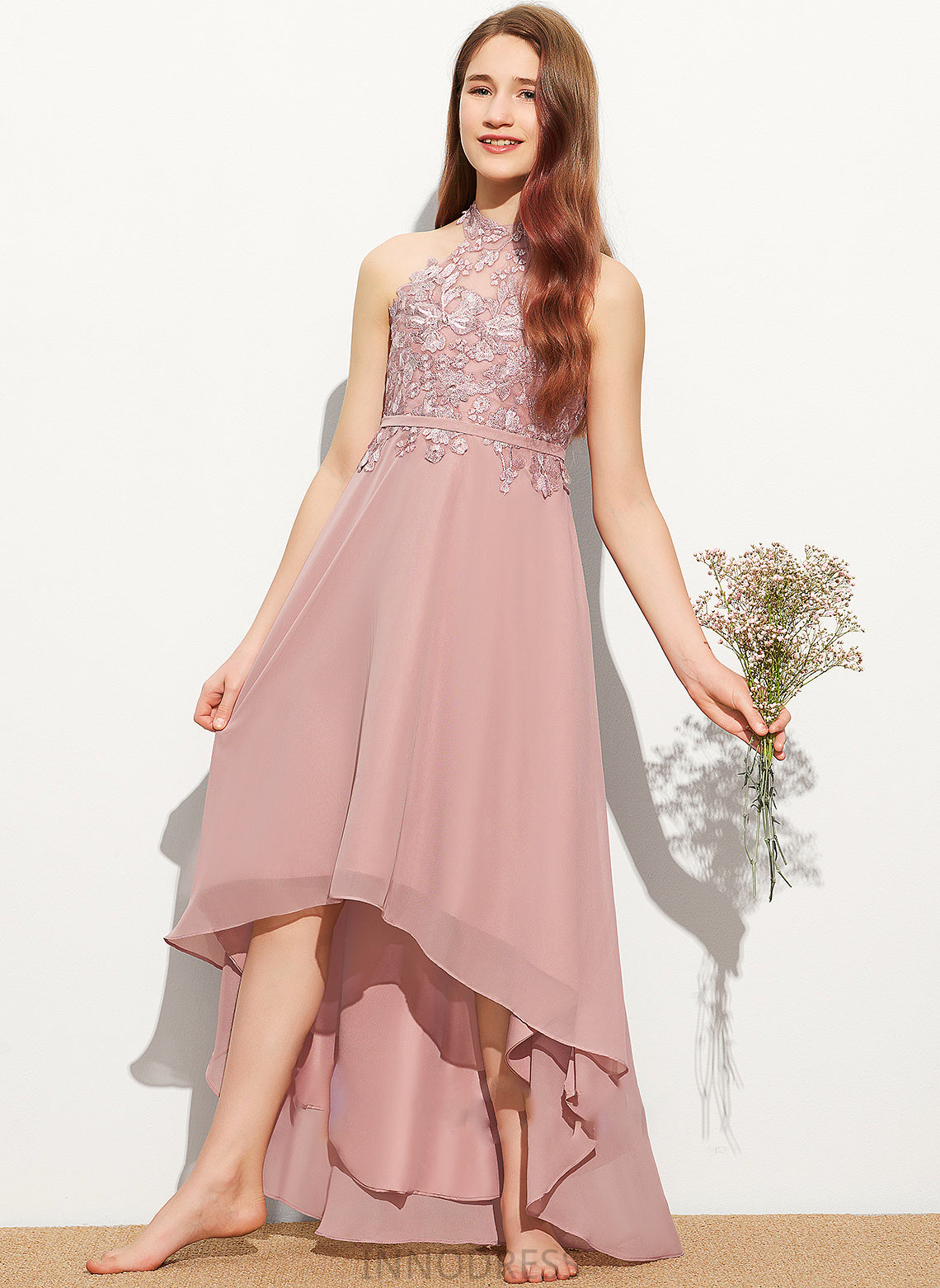 Scoop Lace Chiffon Asymmetrical Maliyah Neck A-Line Junior Bridesmaid Dresses