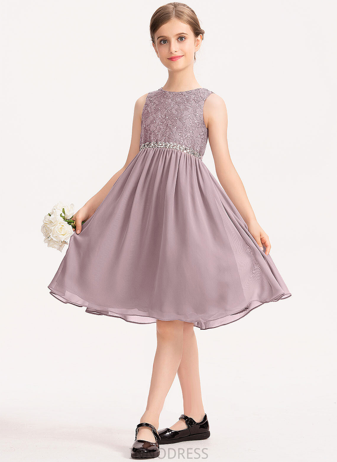 Knee-Length A-Line Chiffon Lace Gretchen Junior Bridesmaid Dresses Scoop With Bow(s) Neck Beading