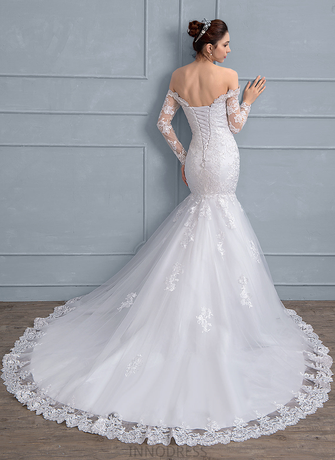 Court Tulle Wedding Dresses With Trumpet/Mermaid Beading Dress Off-the-Shoulder Sequins Lace Train Ainsley Wedding