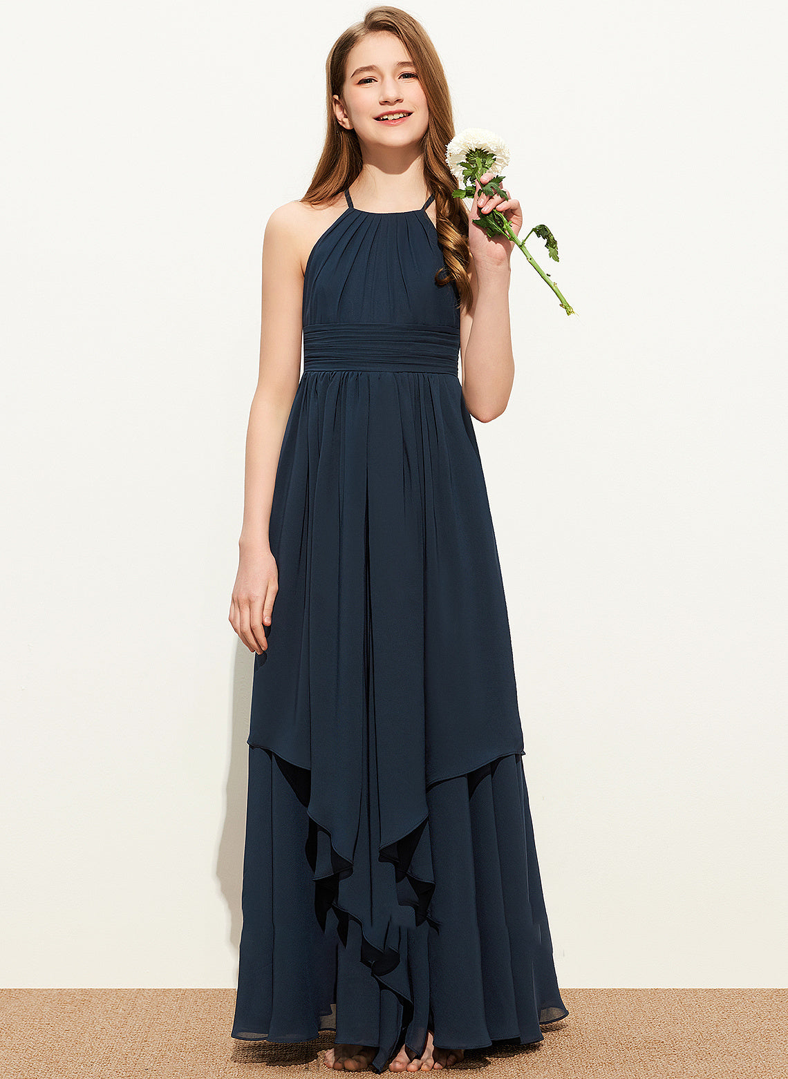 Caroline With Scoop Chiffon A-Line Cascading Neck Ruffles Junior Bridesmaid Dresses Floor-Length