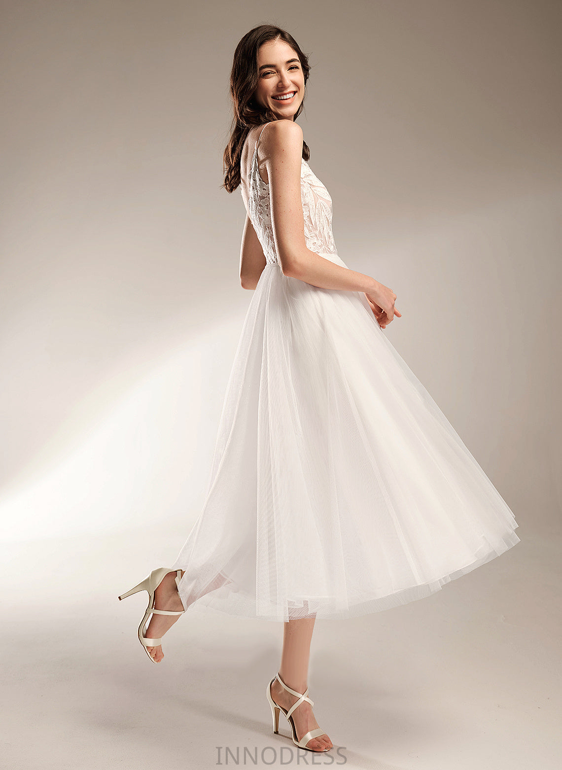 A-Line Dress Ryann V-neck Tea-Length Lace Tulle Wedding Wedding Dresses