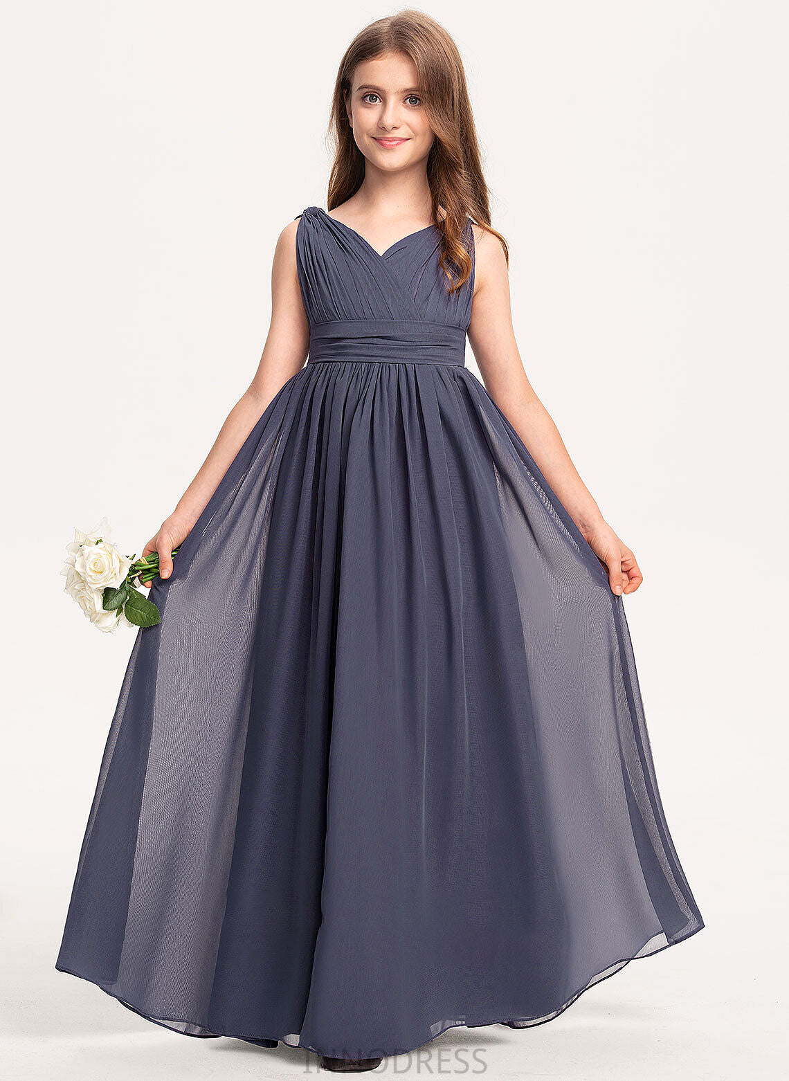 V-neck Ruffle With Junior Bridesmaid Dresses A-Line Chiffon Aliya Floor-Length