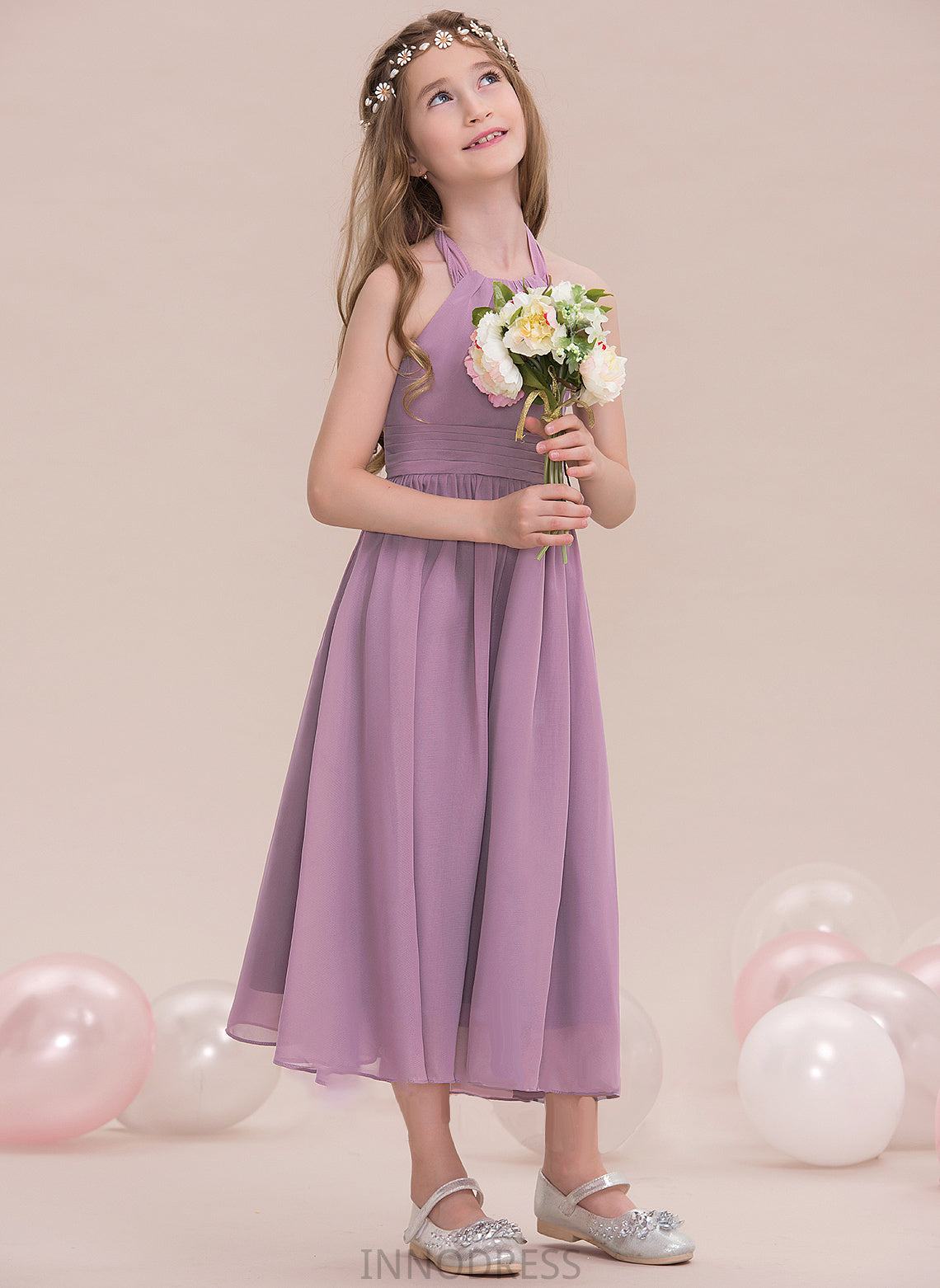 Chiffon Ruffle Elisabeth With Junior Bridesmaid Dresses Tea-Length A-Line Halter