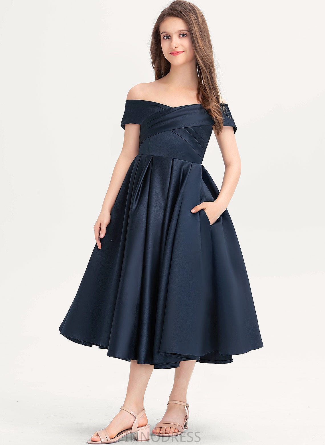 Jazlene Tea-Length Ruffle Junior Bridesmaid Dresses Satin A-Line With Off-the-Shoulder Pockets