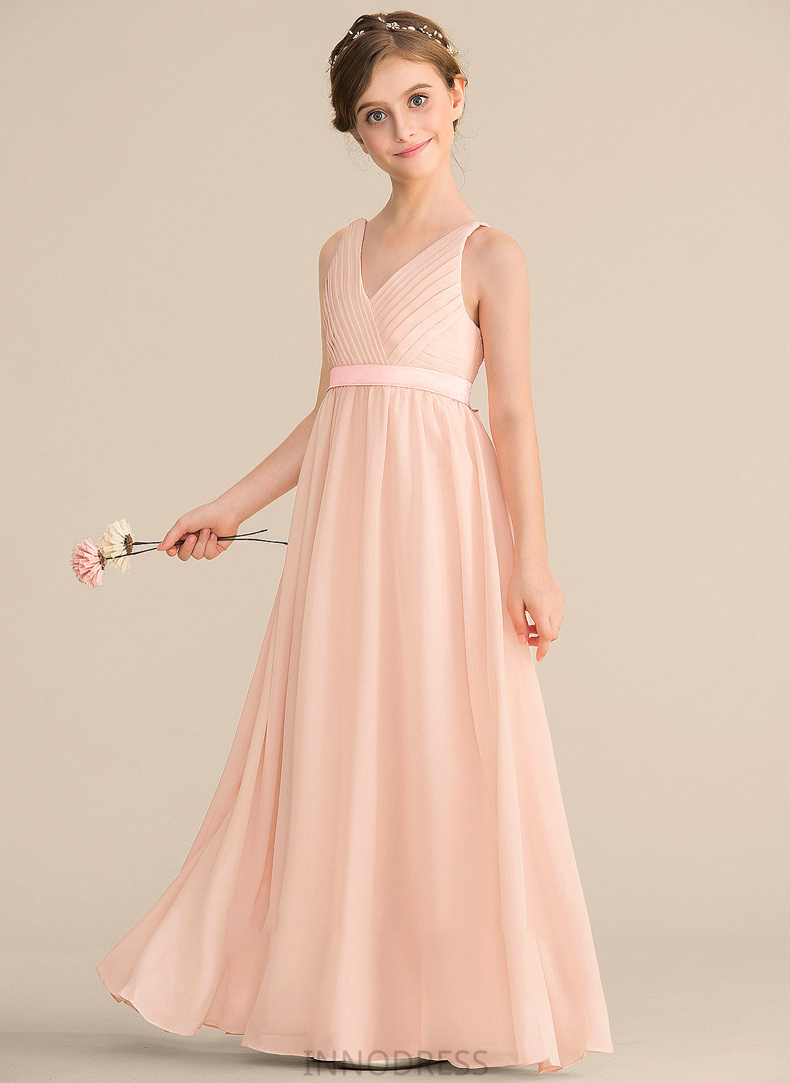 A-Line Floor-Length Ruffle Bow(s) With V-neck Chiffon Junior Bridesmaid Dresses Kinsley