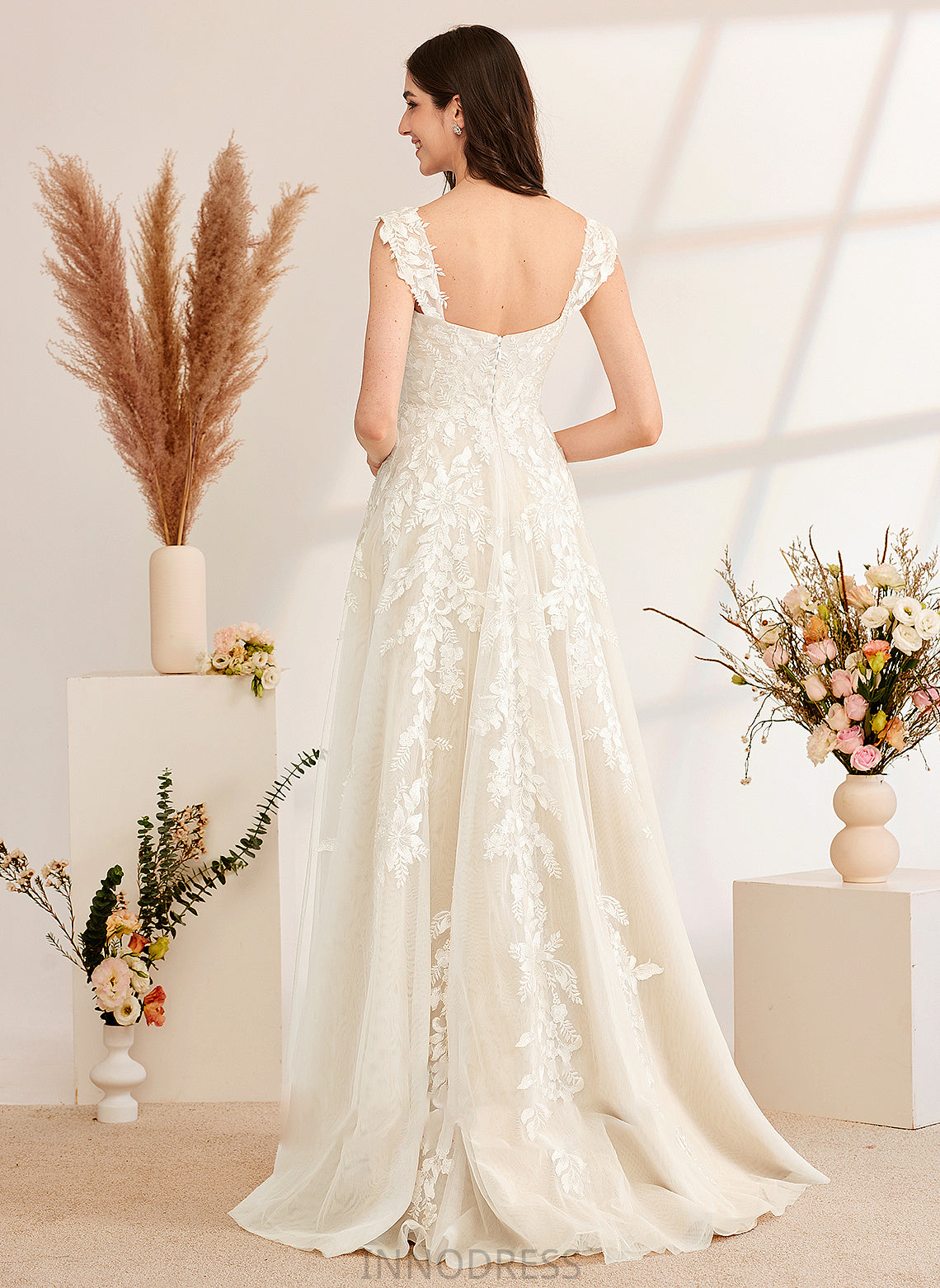 Wedding Sequins Wedding Dresses Train A-Line With Sweep Off-the-Shoulder Dress Beading Isabell