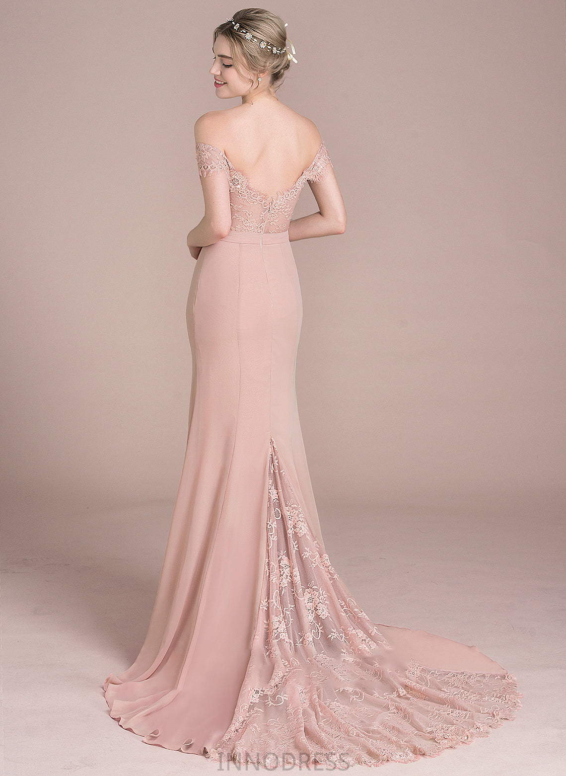 Court Prom Dresses Off-the-Shoulder Trumpet/Mermaid Train Lace Natalee With Chiffon Sequins