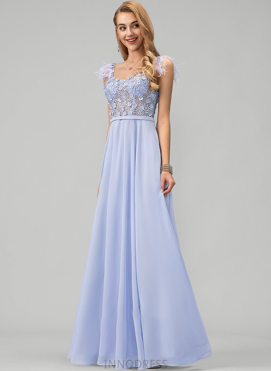 Lace Flower(s) Beading Chiffon Erica Feather Sequins Prom Dresses Floor-Length A-Line V-neck With