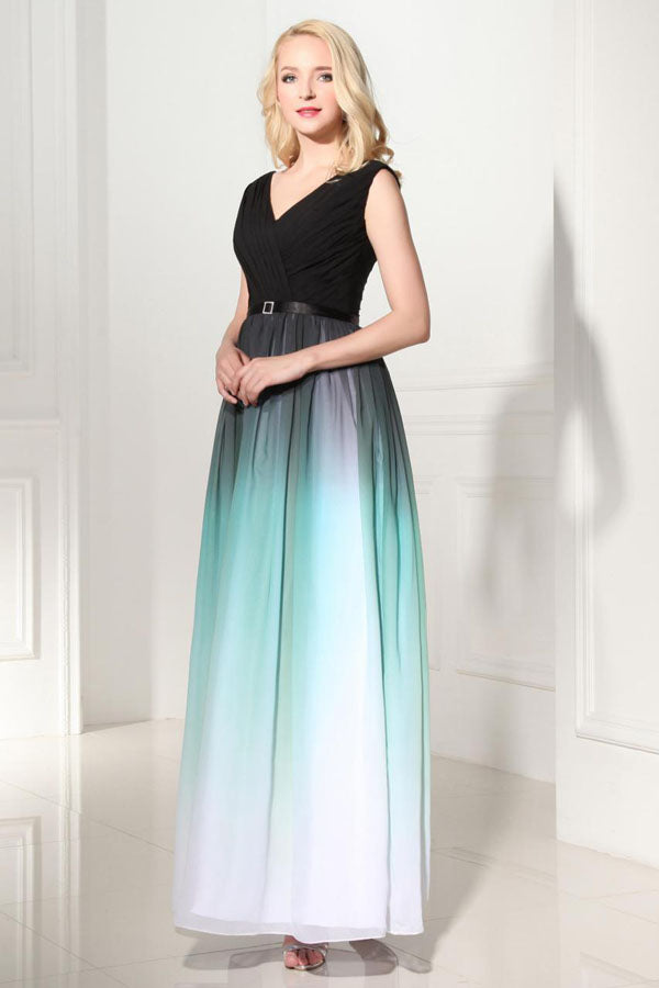 Ombre A Line Floor Length V Neck Sleeveless Mid Back Prom Dresses