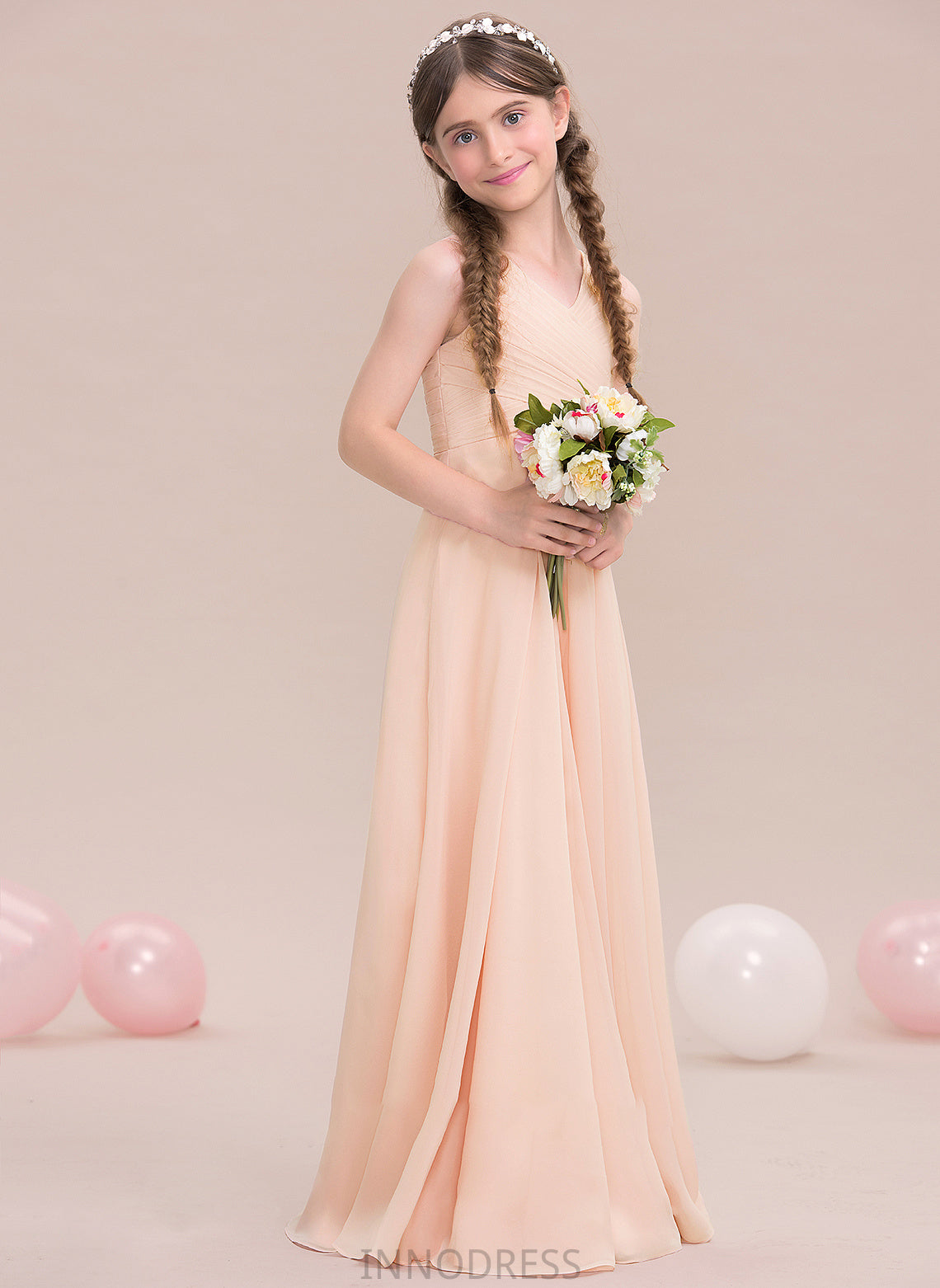 A-Line With V-neck Junior Bridesmaid Dresses Ruffle Chiffon Joyce Floor-Length