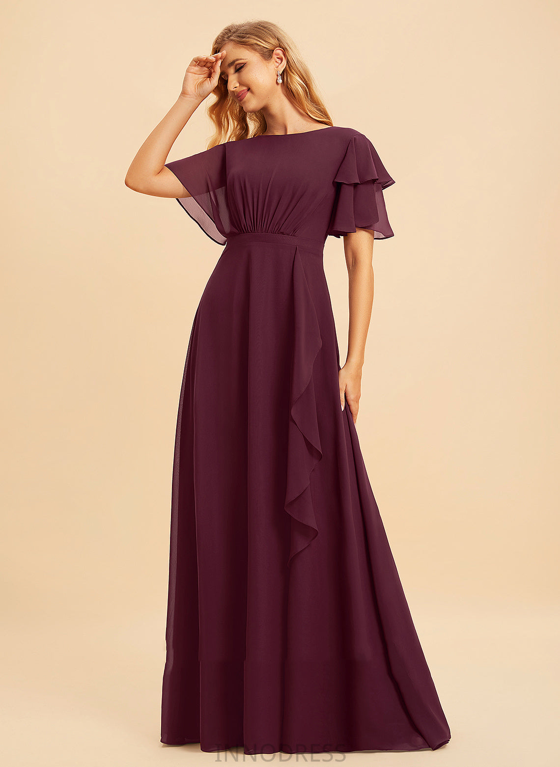 A-Line Embellishment ScoopNeck Ruffle Length Silhouette Neckline SplitFront Floor-Length Fabric Krystal V-Neck Bridesmaid Dresses