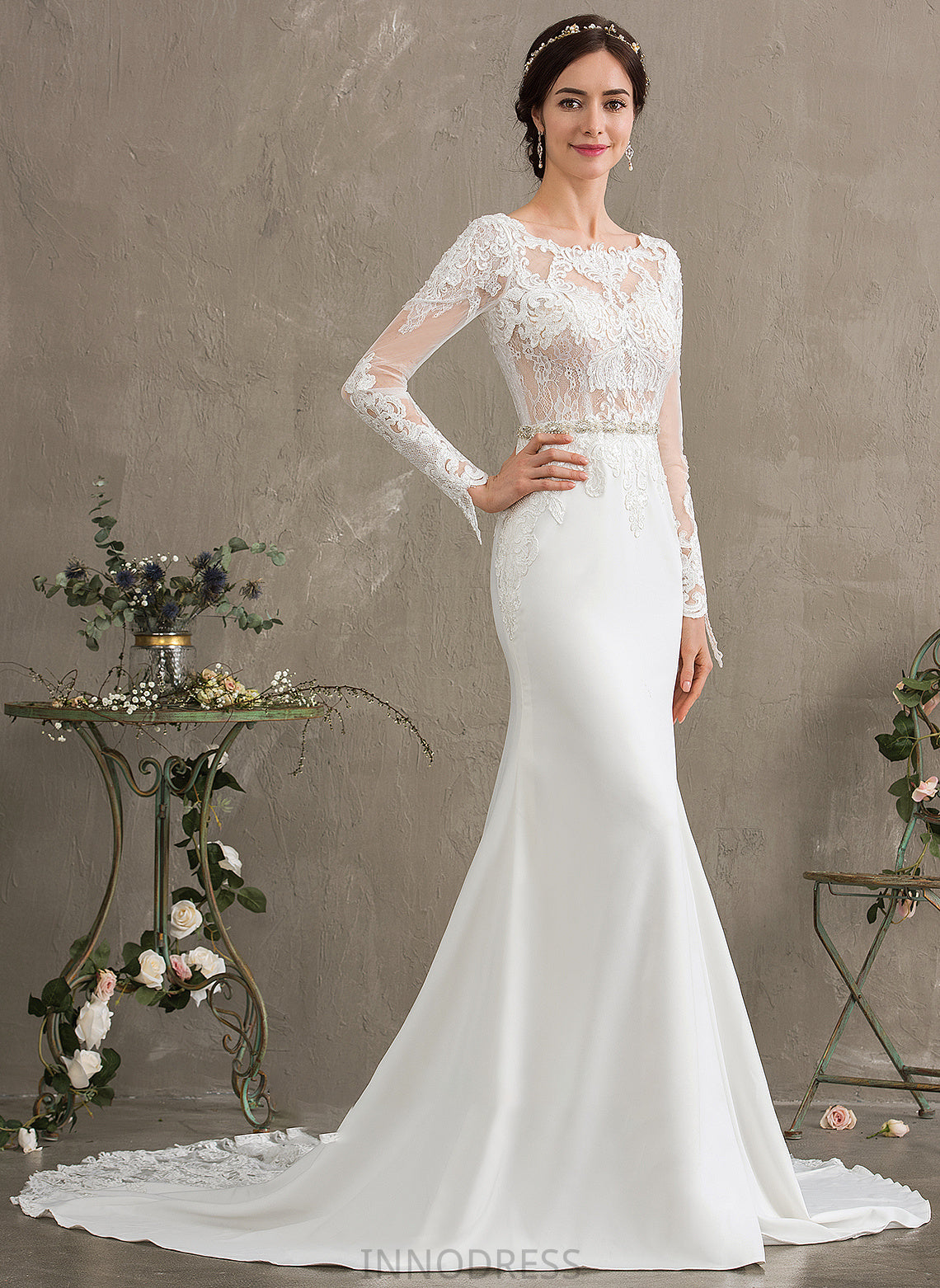 Neck Chapel Stretch Wedding Dresses Sequins Train With Isabelle Scoop Wedding Trumpet/Mermaid Dress Crepe Beading