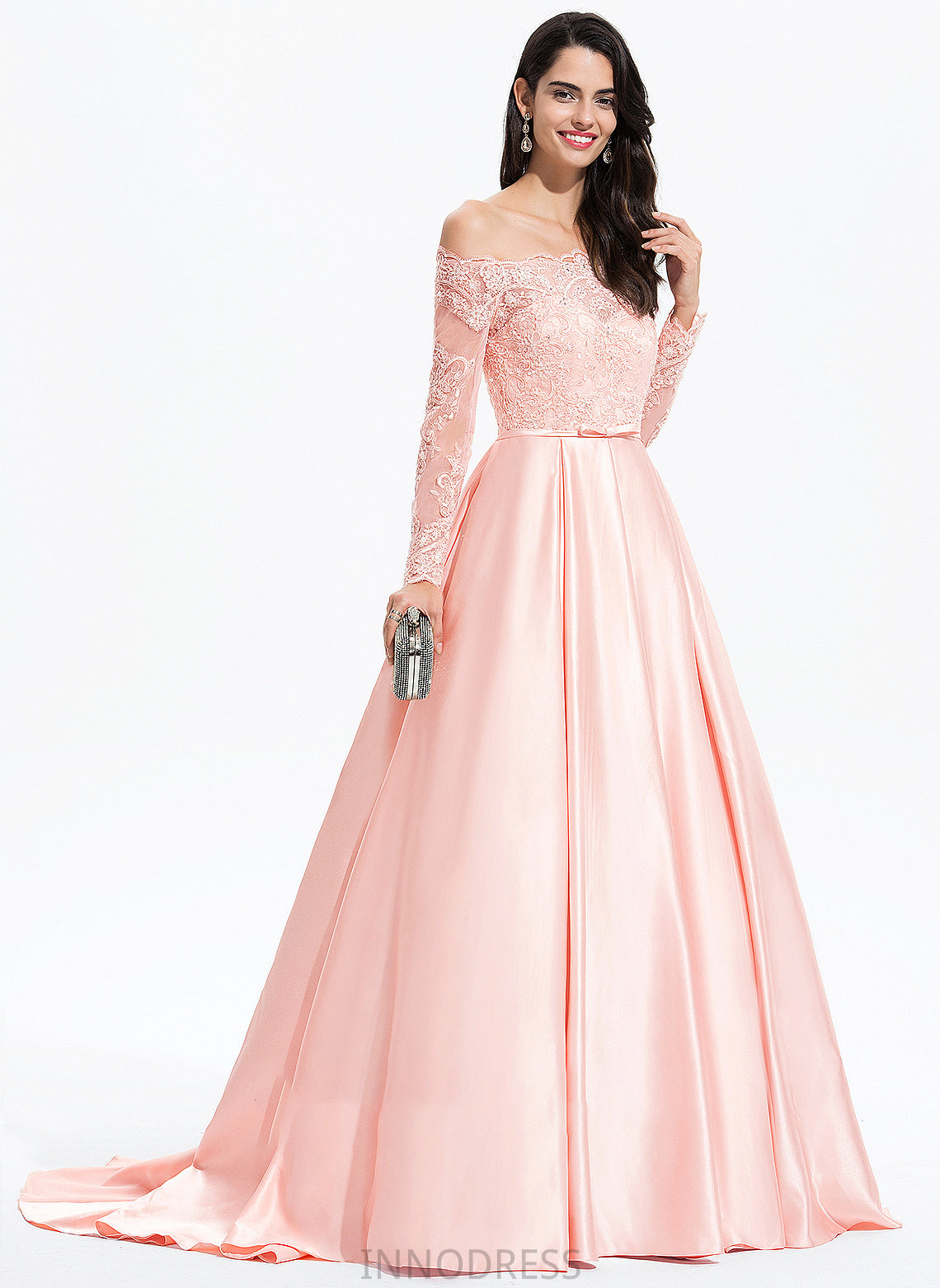 Ball-Gown/Princess Off-the-Shoulder With Prom Dresses Train Lindsay Sweep Bow(s) Satin