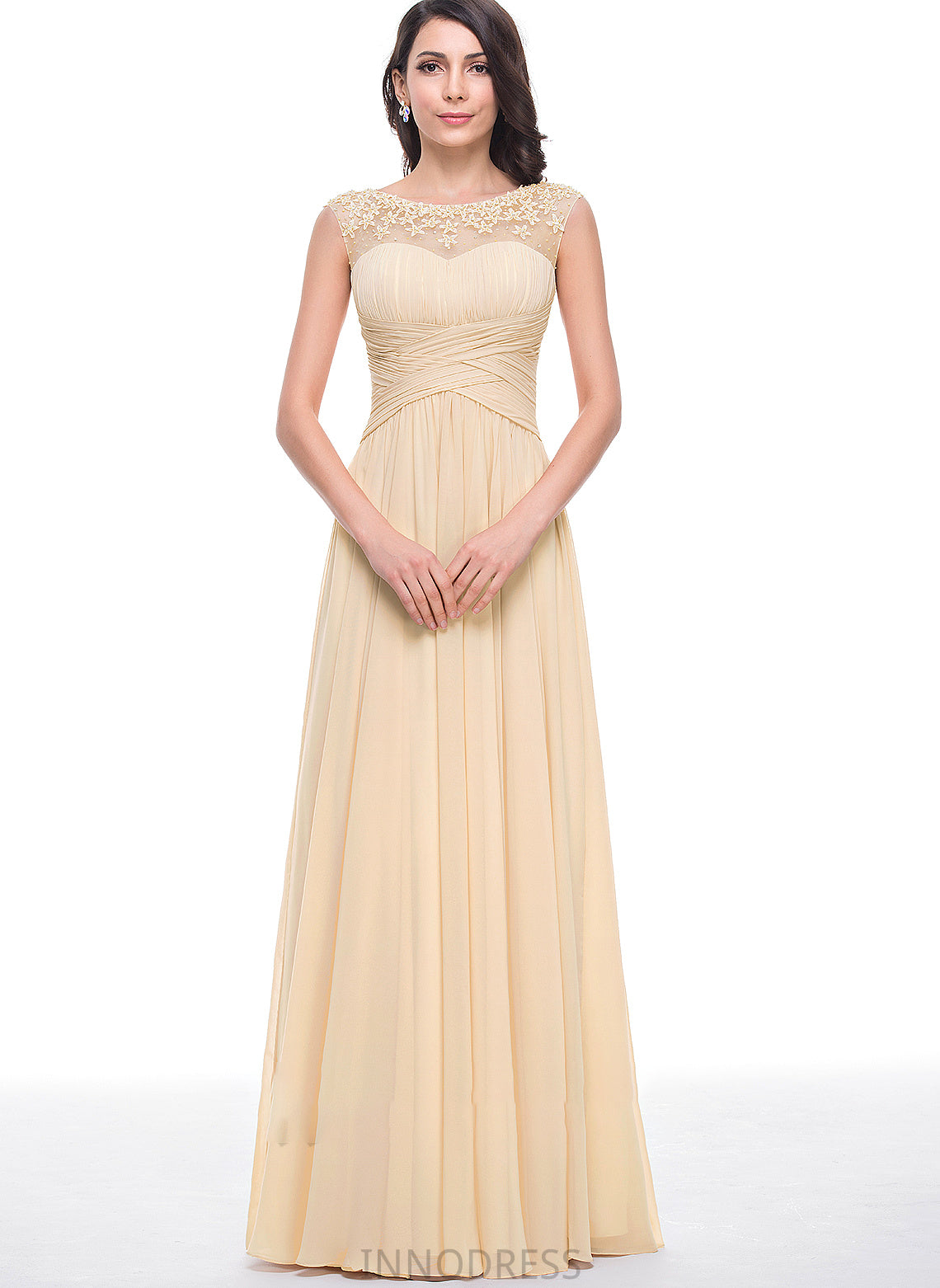 Prom Dresses A-Line Scoop With Flower(s) Floor-Length Neck Chiffon Ruffle Beading Nora