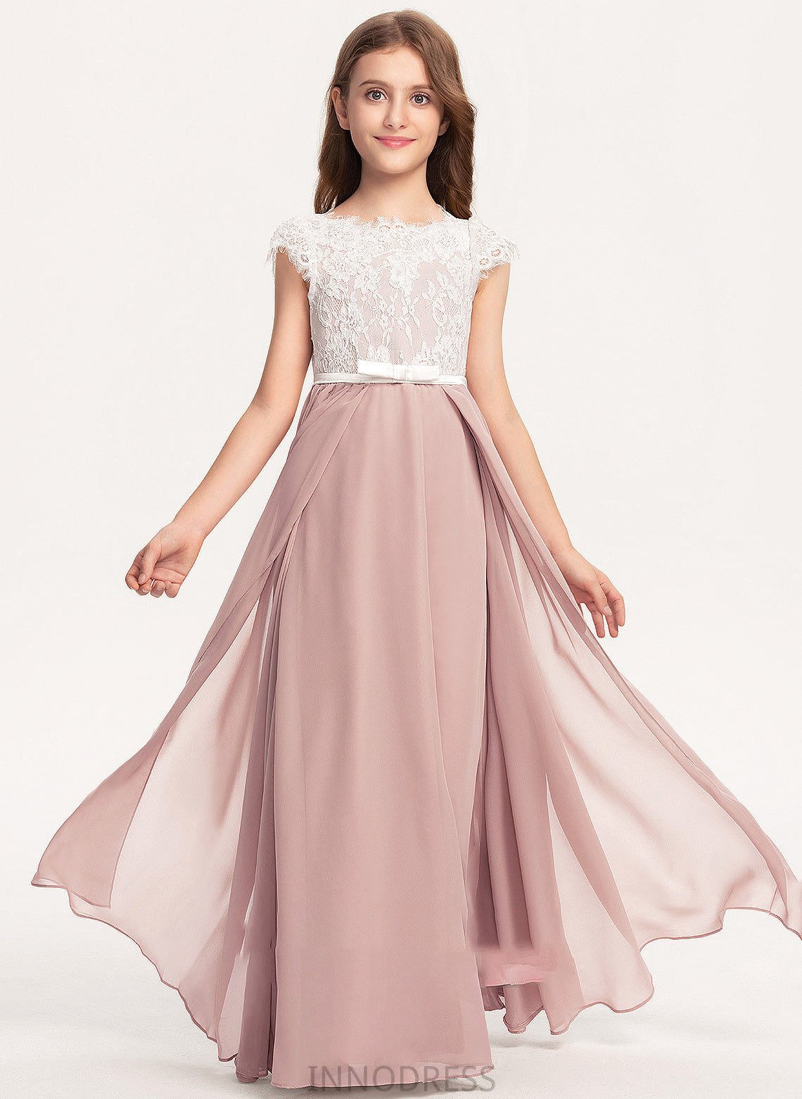 Chasity A-Line Chiffon Lace Bow(s) Floor-Length Scoop Neck With Junior Bridesmaid Dresses