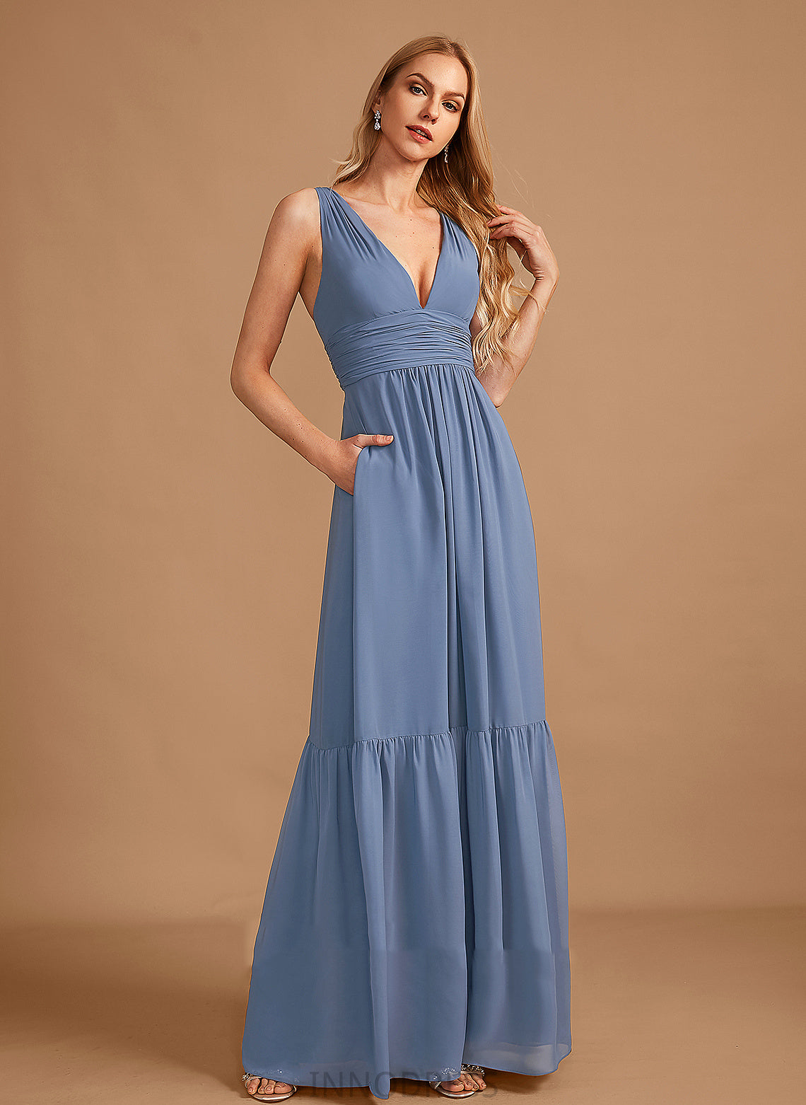 Silhouette Embellishment Neckline V-neck A-Line Floor-Length Pockets Fabric Length Ellen Natural Waist Scoop Bridesmaid Dresses