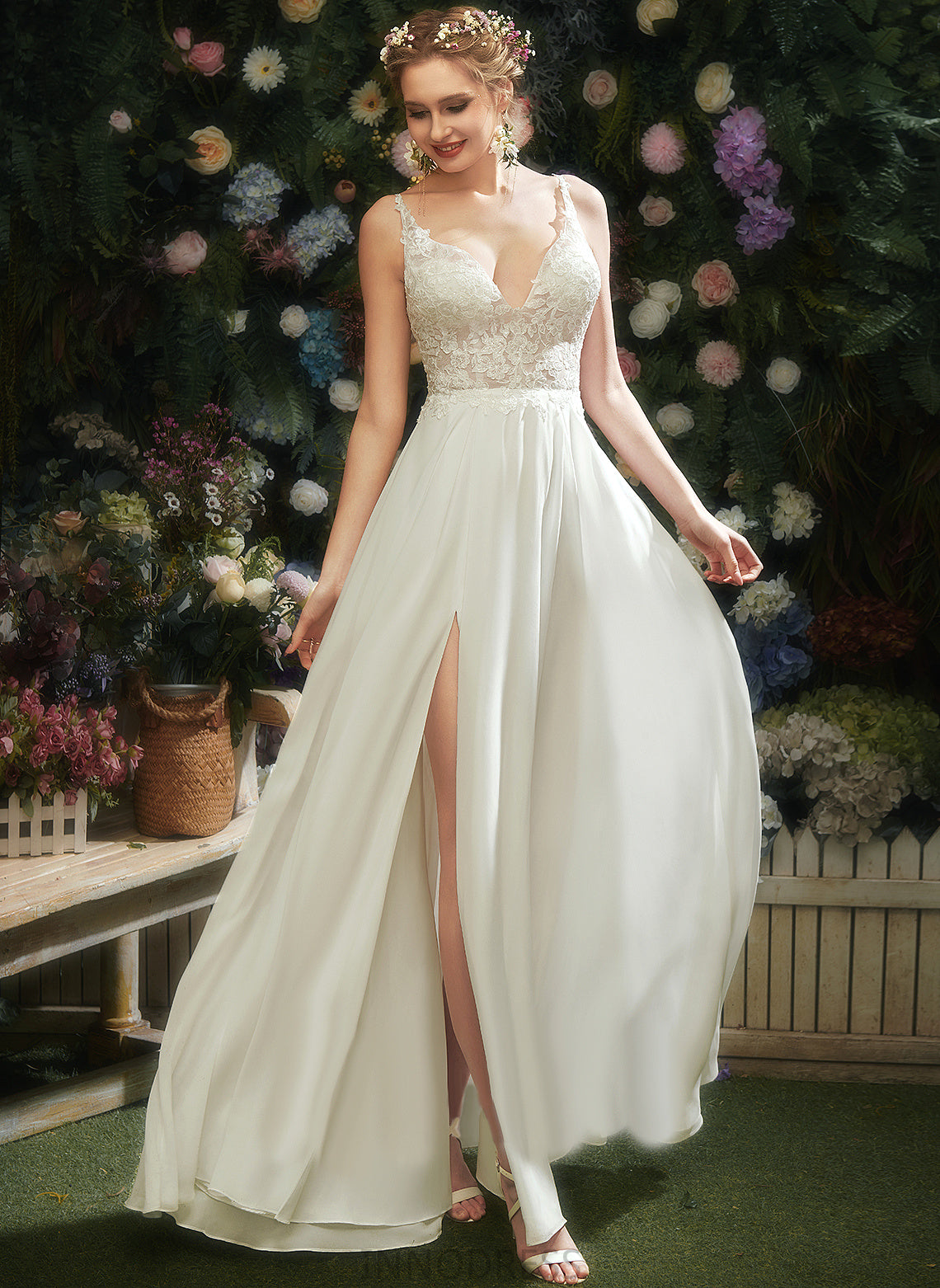 Floor-Length V-neck Kasey A-Line Dress Wedding Lace Chiffon Wedding Dresses