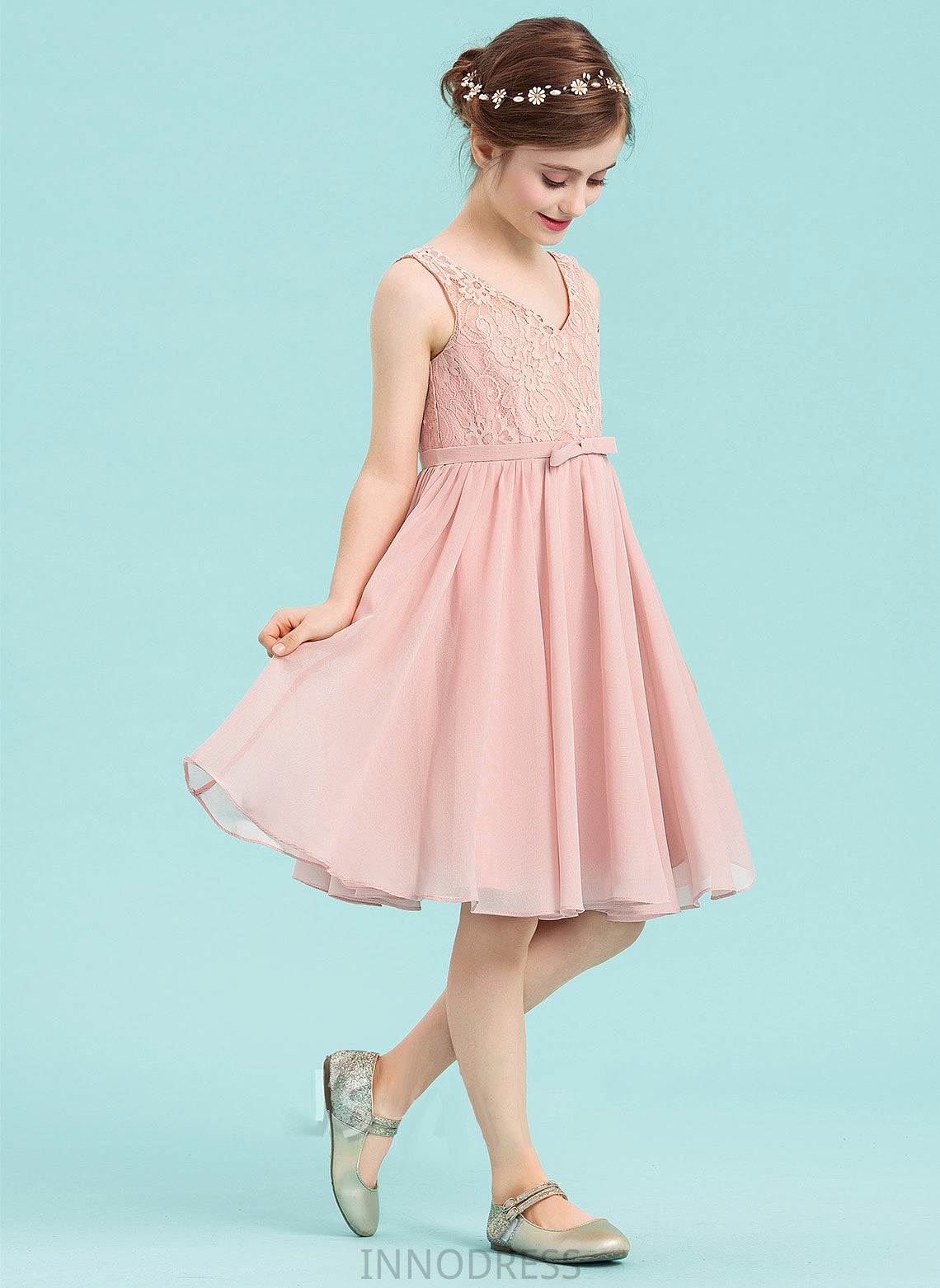 Bow(s) Knee-Length Chiffon Cecelia V-neck A-Line Junior Bridesmaid Dresses With