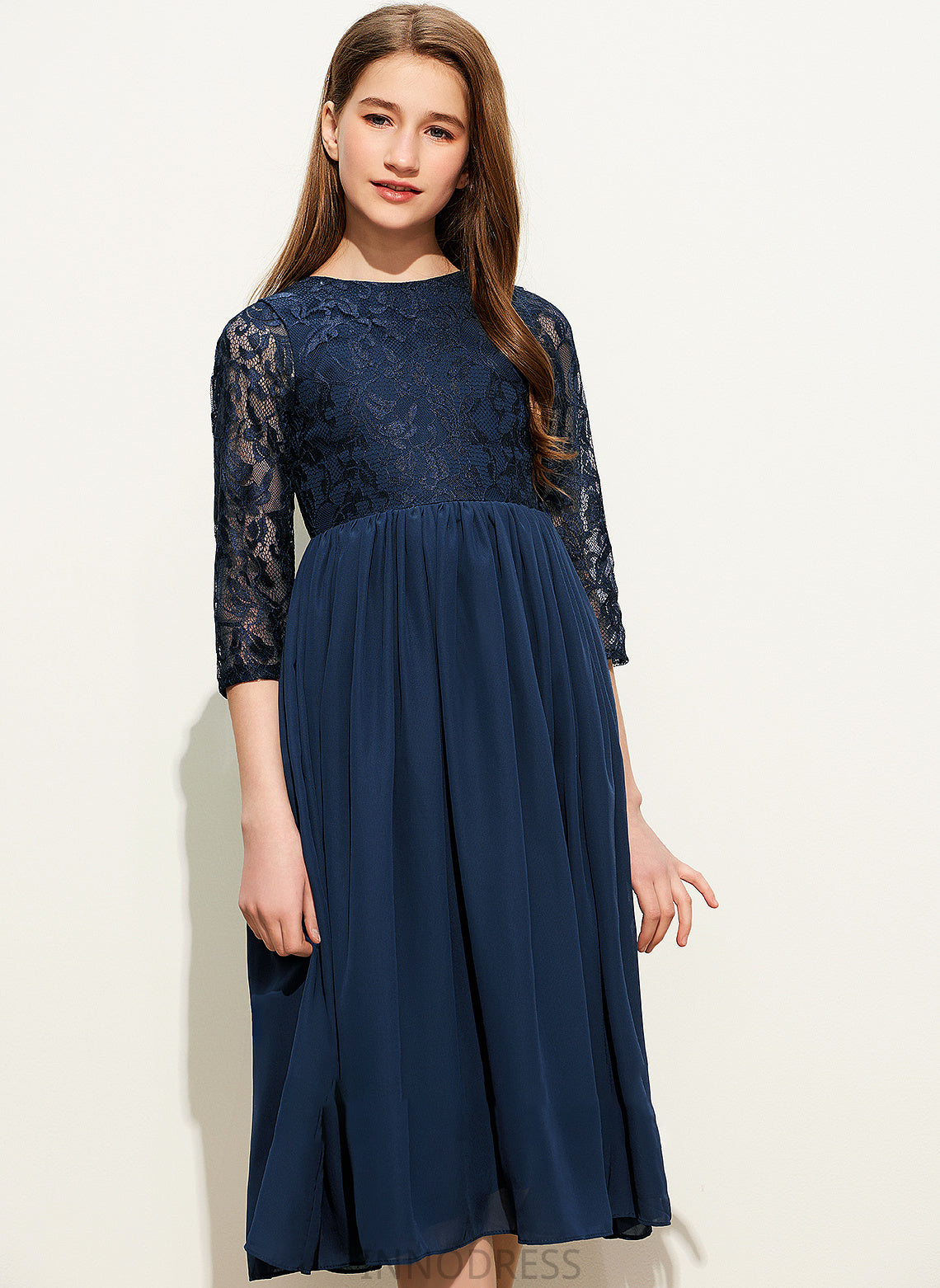 Scoop Lace Dominique Tea-Length Neck A-Line Chiffon Junior Bridesmaid Dresses