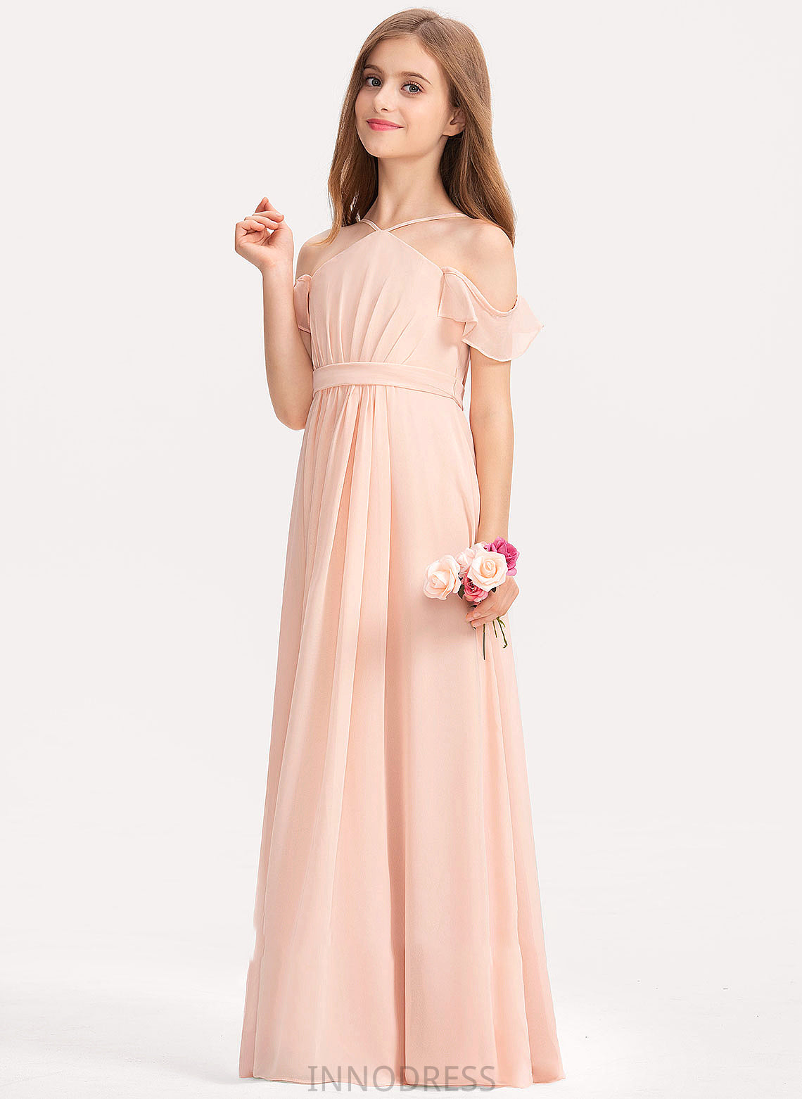 Junior Bridesmaid Dresses Talia V-neck A-Line Floor-Length Chiffon Ruffle With Bow(s)