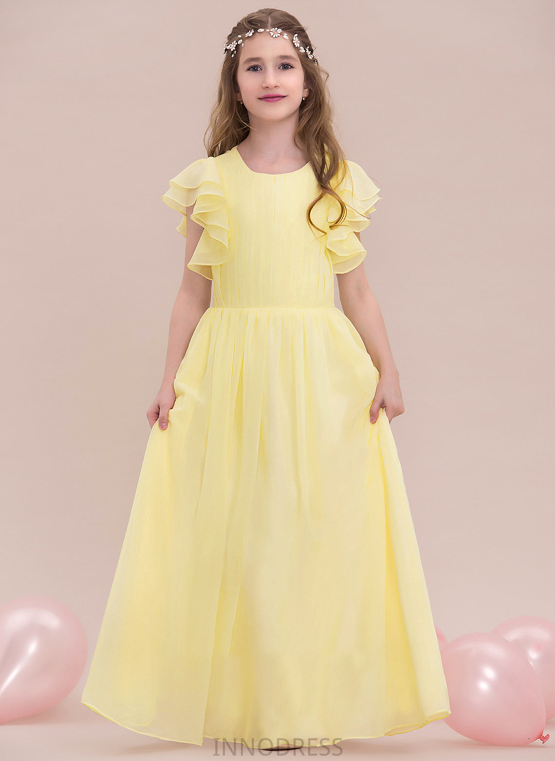 Shayna A-LineScoopNeckFloor-LengthChiffonJuniorBridesmaidDressWithRuffleCascadingRuffles#123850 Junior Bridesmaid Dresses