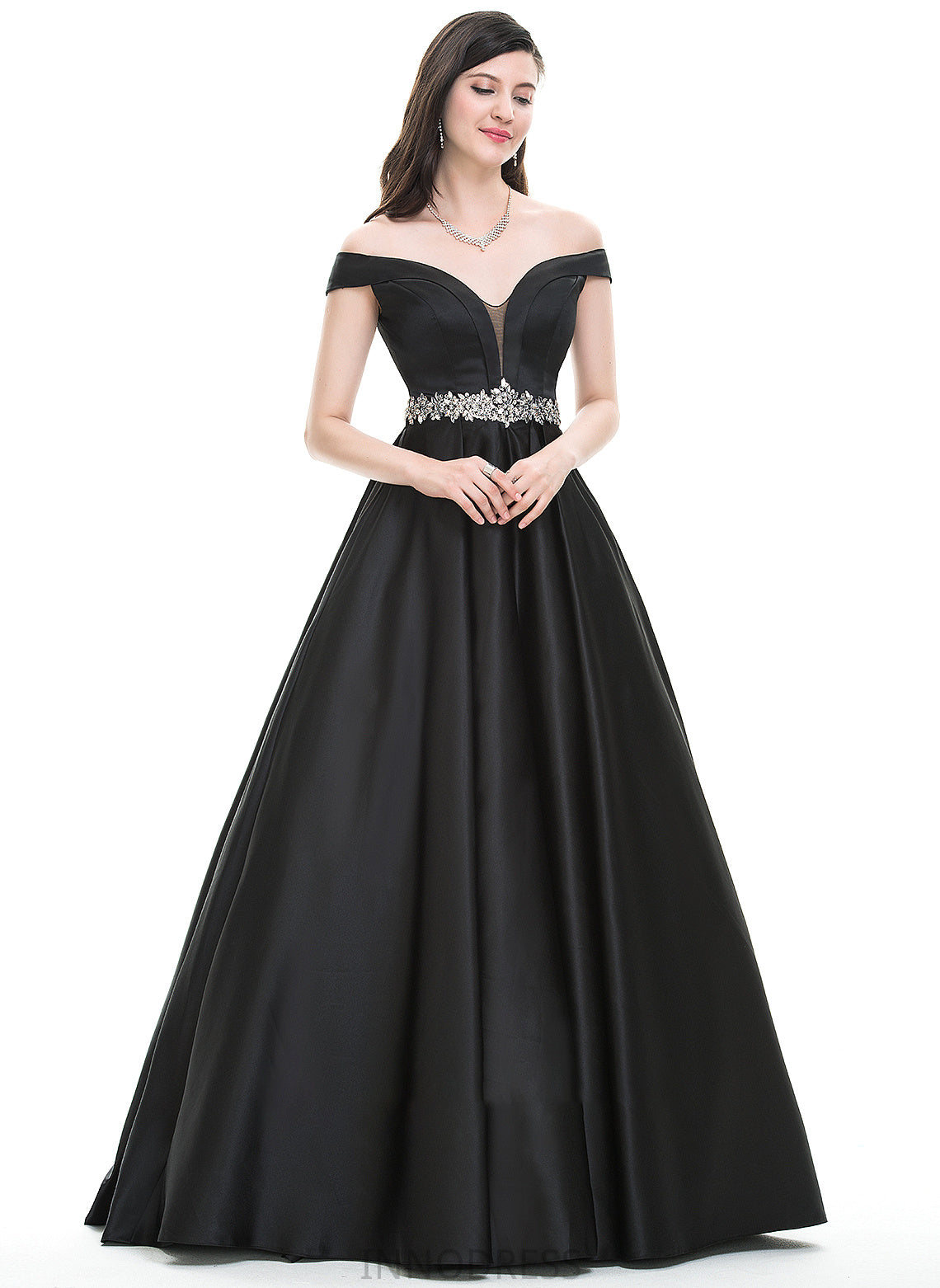 Beading With Angela Ball-Gown/Princess Prom Dresses Satin Floor-Length Off-the-Shoulder