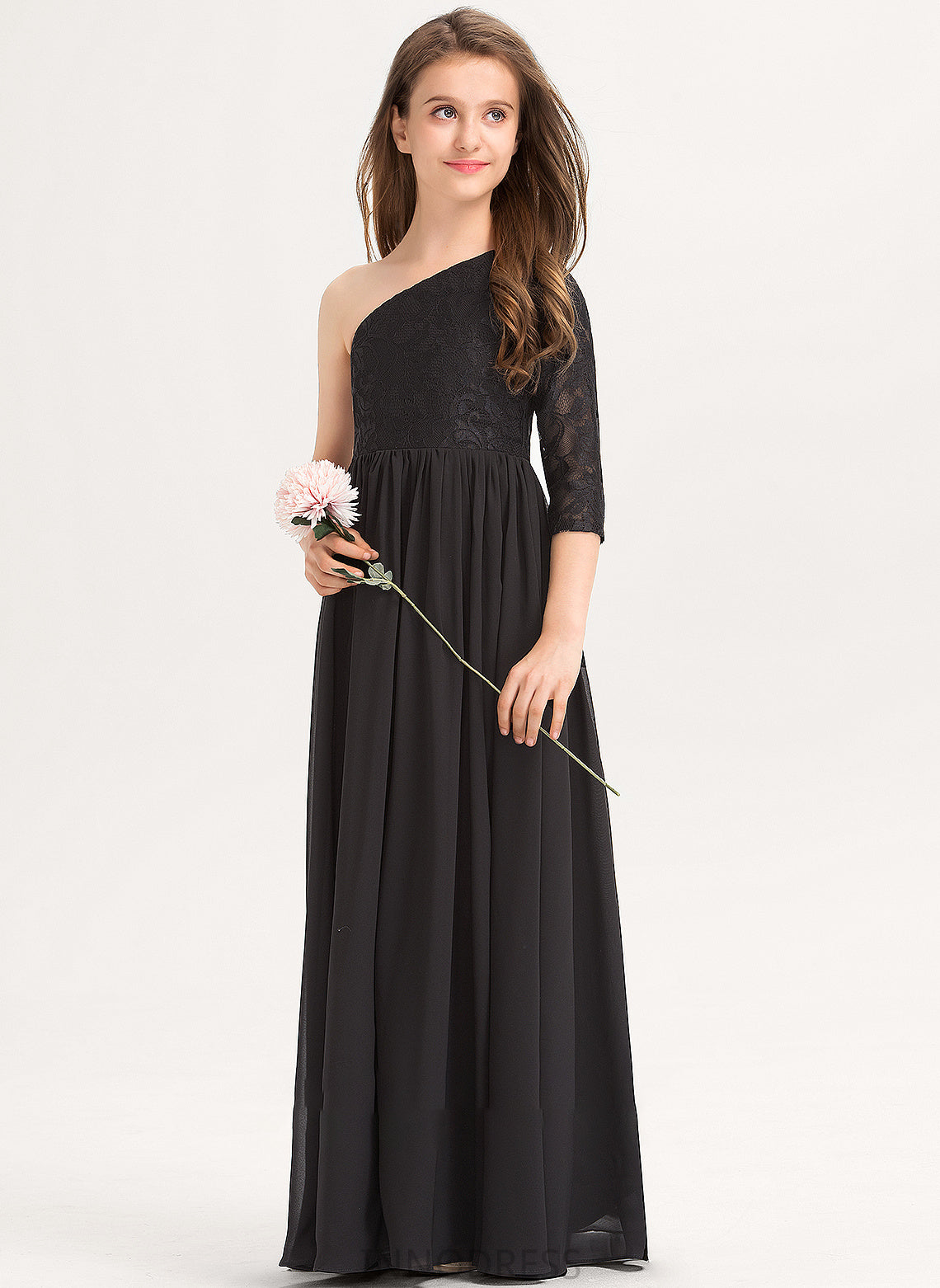 Floor-Length Junior Bridesmaid Dresses A-Line Chiffon Lace One-Shoulder Karli