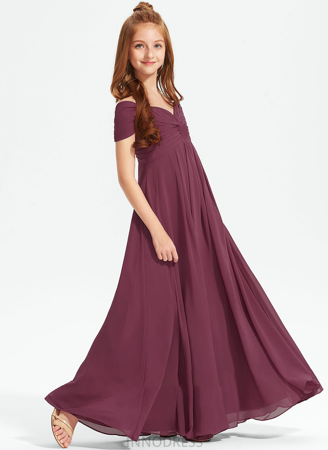 With Chiffon Grace A-Line Off-the-Shoulder Floor-Length Junior Bridesmaid Dresses Ruffle