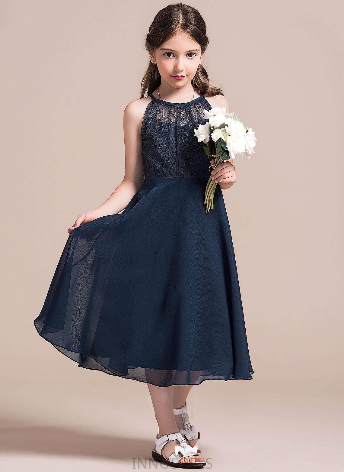 Azul A-Line Junior Bridesmaid Dresses With Neck Ruffle Tea-Length Lace Scoop Chiffon