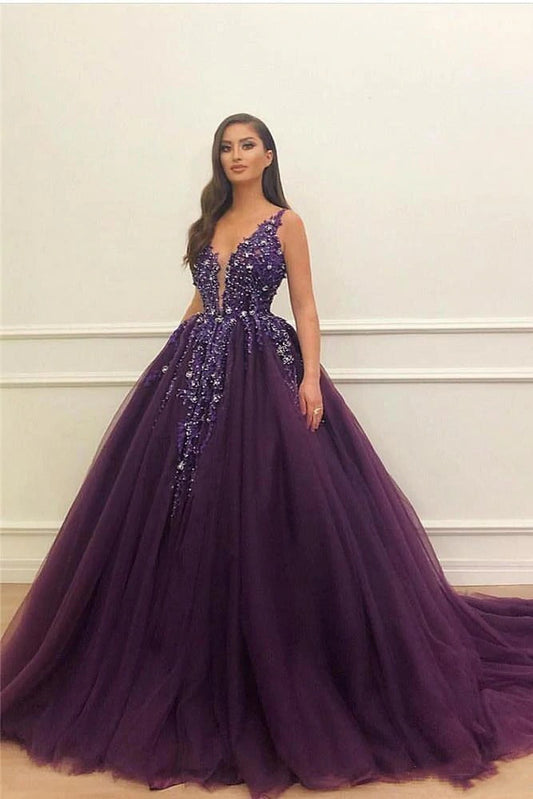 Grape Elegant Tulle V-neck Floor-length Ball Gown Prom Dresses