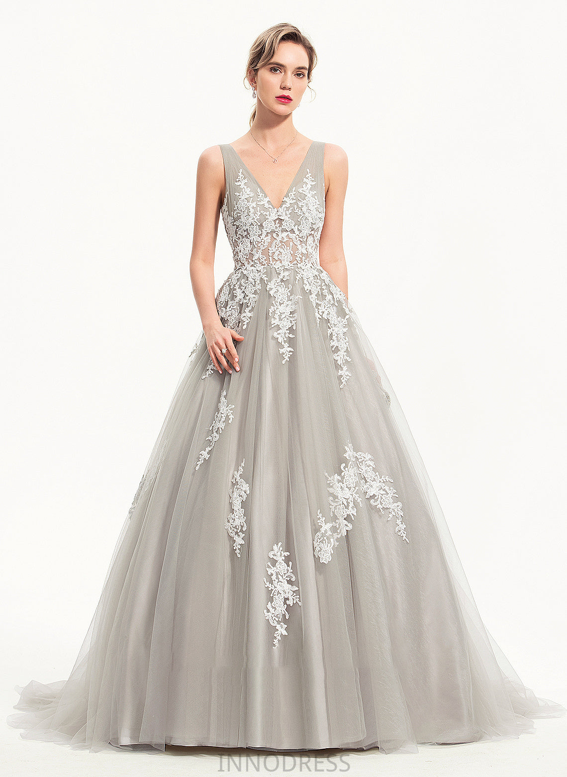 Train V-neck Ball-Gown/Princess Tulle Sweep Kaia Prom Dresses