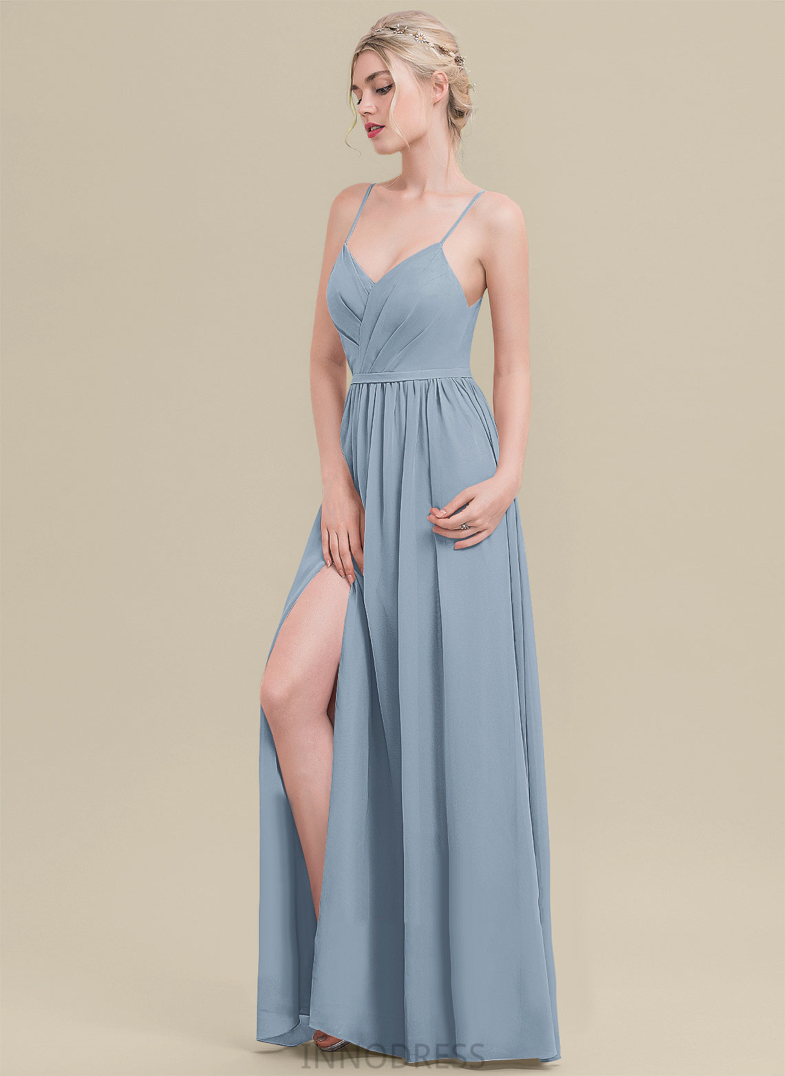 Floor-Length Fabric Pleated Embellishment Silhouette V-neck A-Line Length Neckline Autumn Bridesmaid Dresses