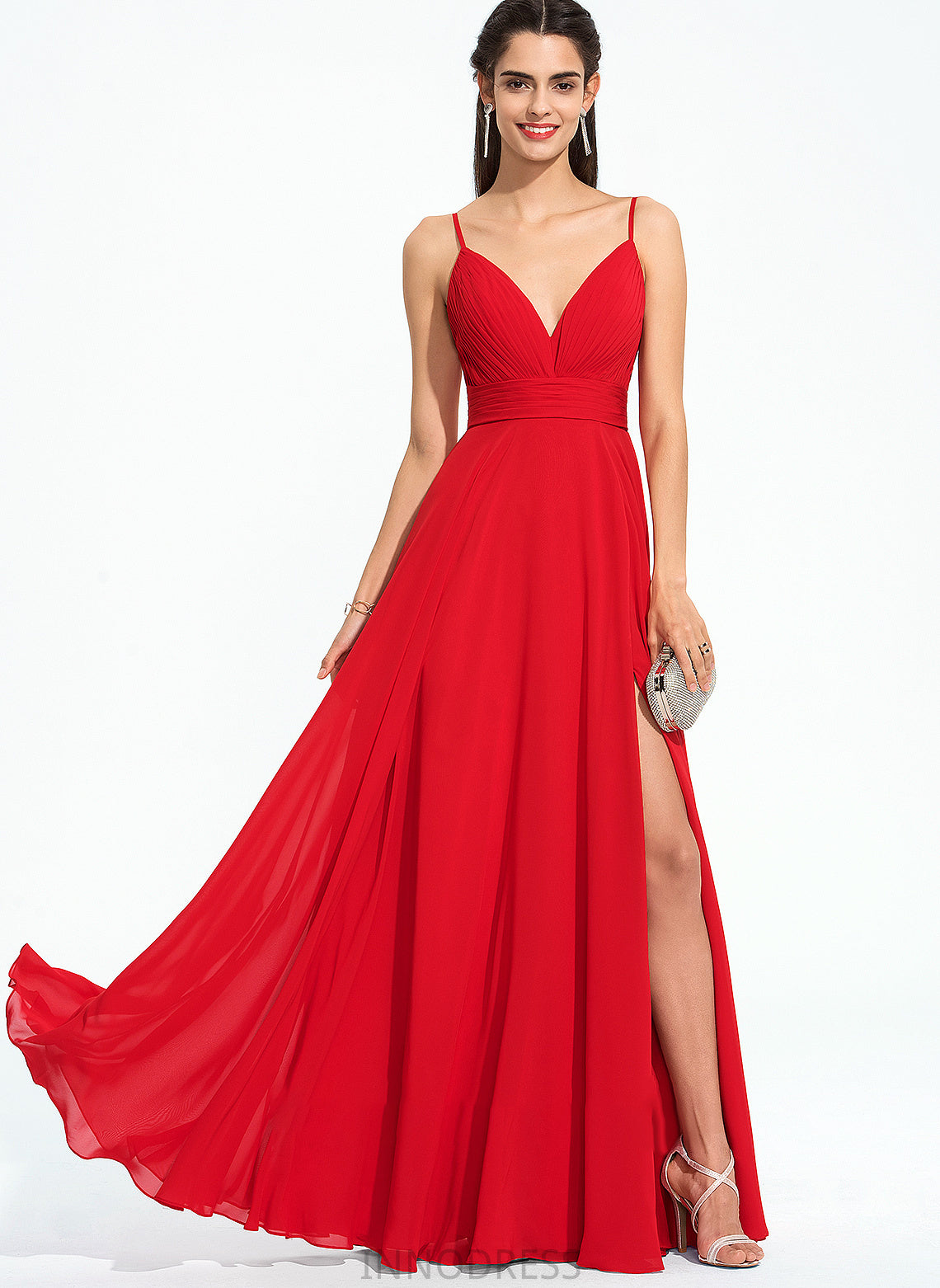 A-Line Front Split Prom Dresses Ruffle Floor-Length Chiffon With Angelina V-neck