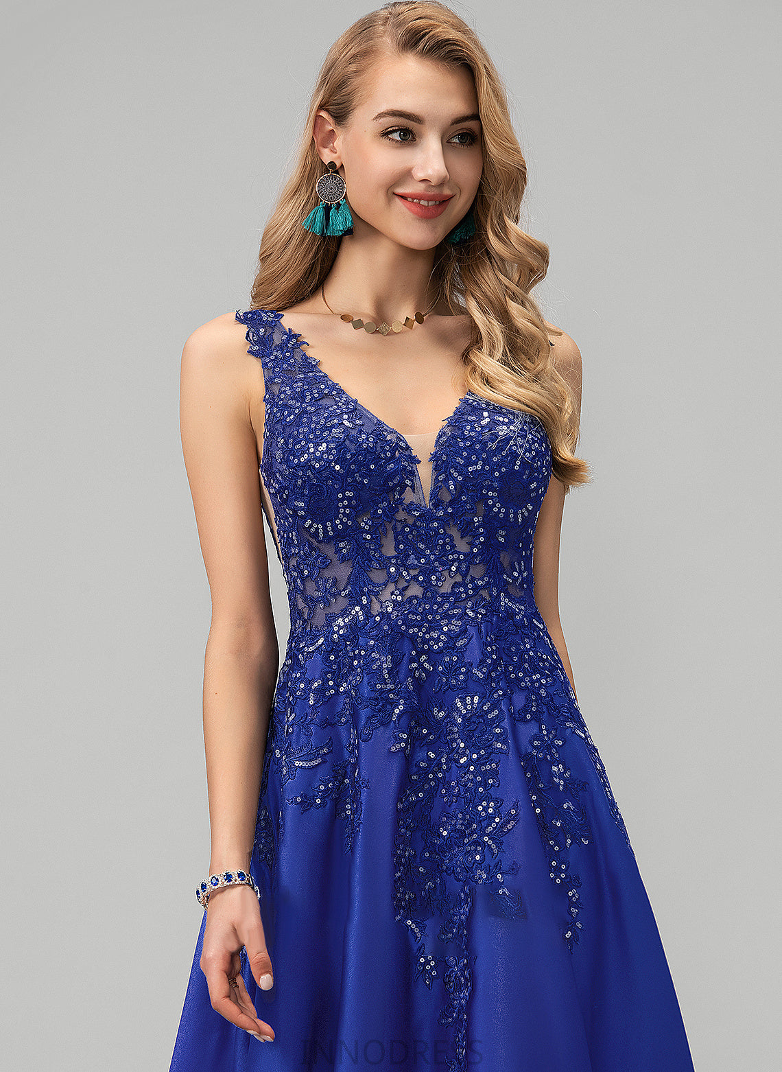 Floor-Length A-Line Sequins V-neck Prom Dresses Ina With Lace Satin