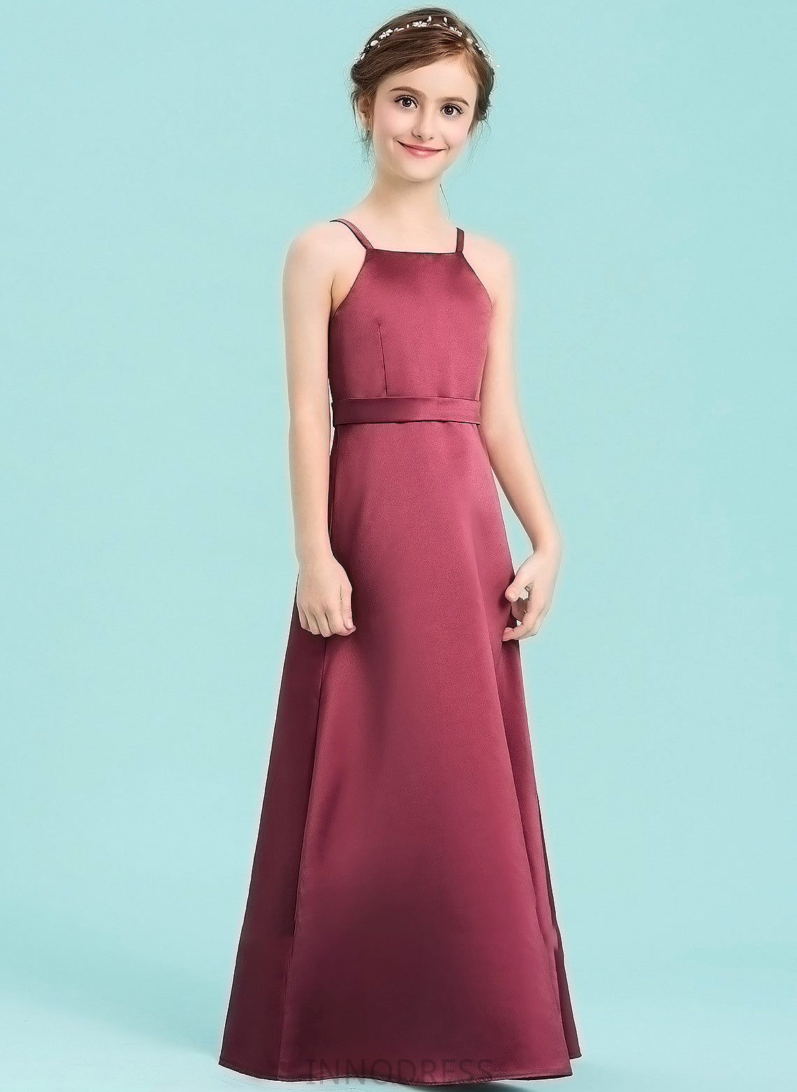 Belinda Neckline Floor-Length Bow(s) A-Line Square With Satin Junior Bridesmaid Dresses