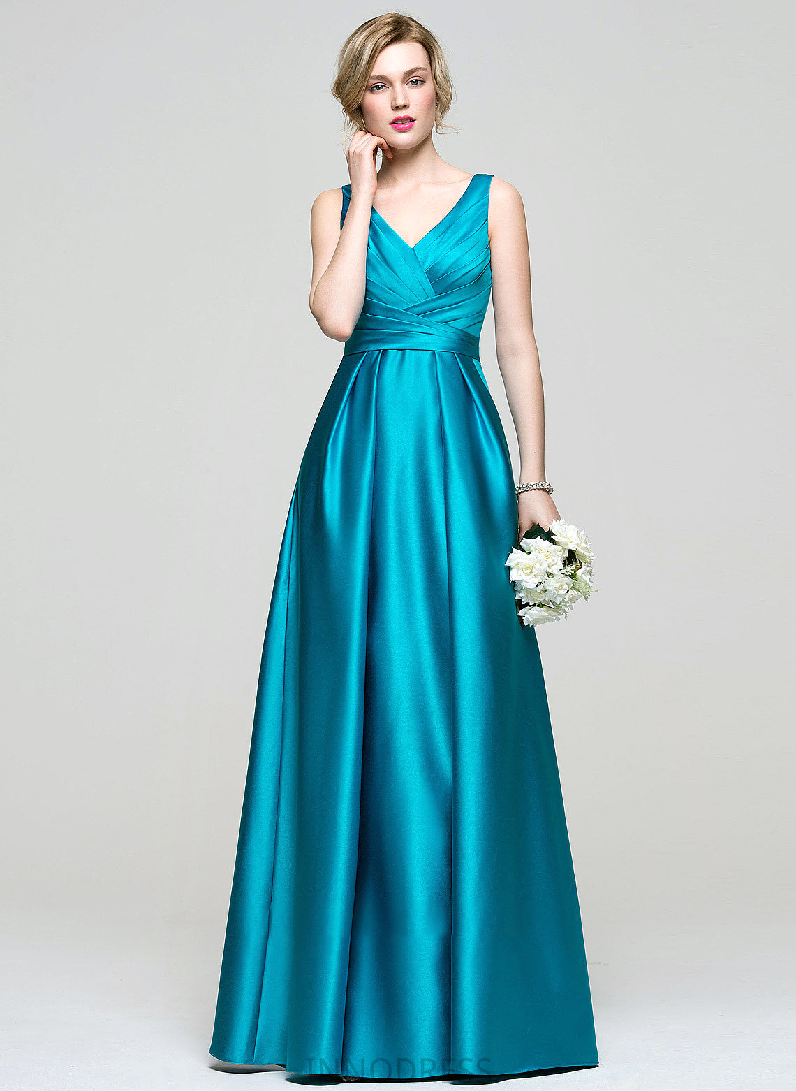 Ball-Gown/Princess Ruffle Pockets Floor-Length Satin Lilian V-neck With Prom Dresses