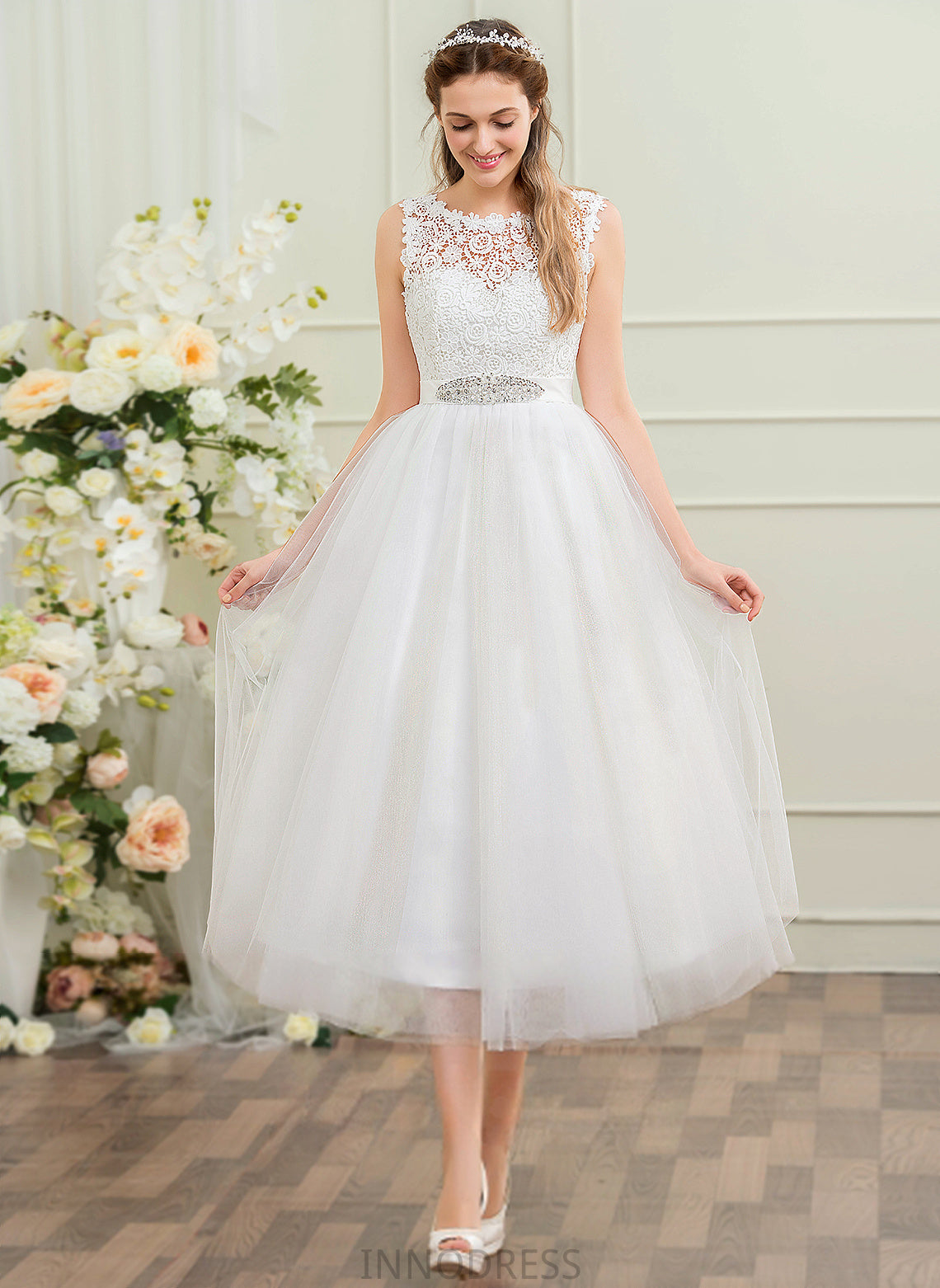 Shyla Tulle Satin Ball-Gown/Princess Dress Tea-Length Wedding Dresses Lace Beading Sequins With Wedding