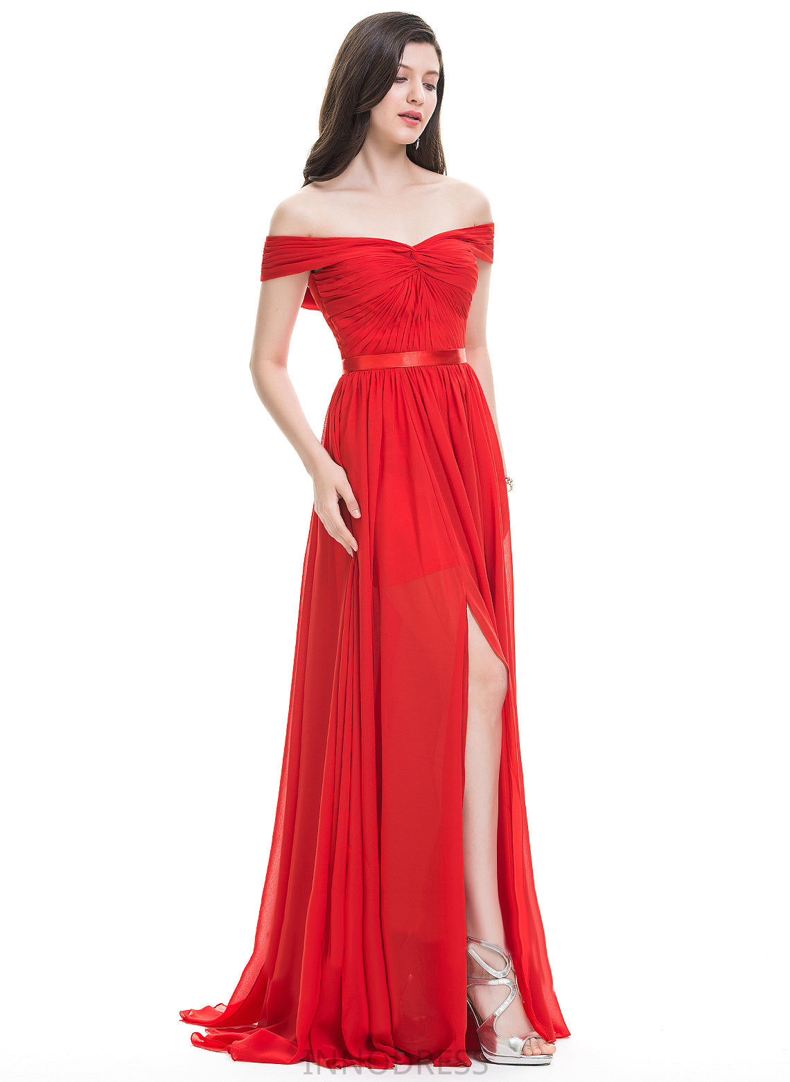 Ruffle Silhouette A-Line SweepTrain Fabric Length Embellishment Off-the-Shoulder Neckline Belen Sleeveless Floor Length Bridesmaid Dresses