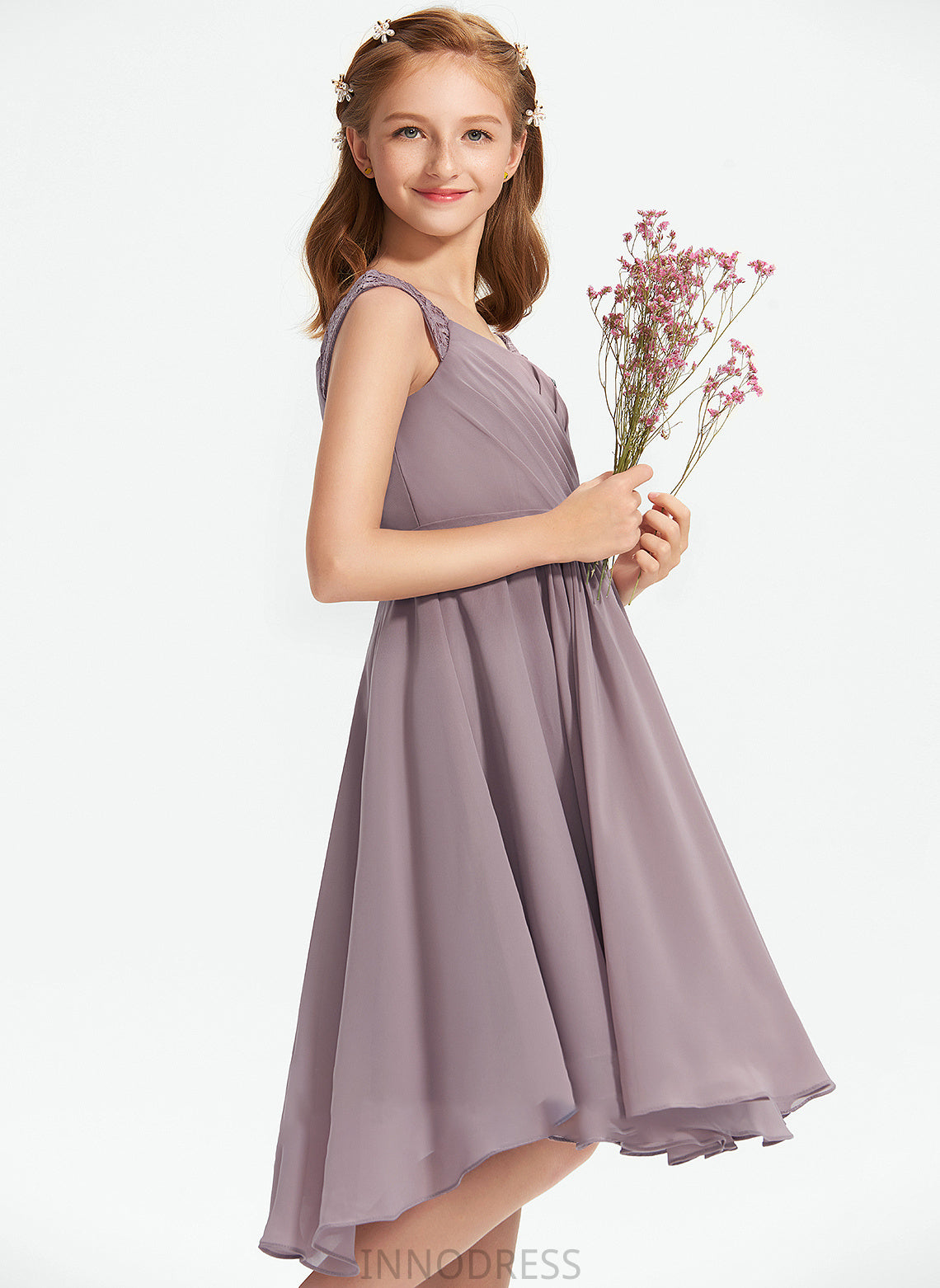 Lynn Lace Chiffon Knee-Length Junior Bridesmaid Dresses A-Line With Ruffle V-neck