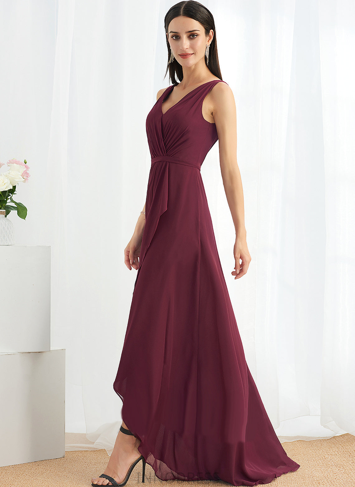 Embellishment Length Neckline A-Line SplitFront Asymmetrical Silhouette Fabric V-neck Ginny Cap Sleeves Natural Waist Bridesmaid Dresses