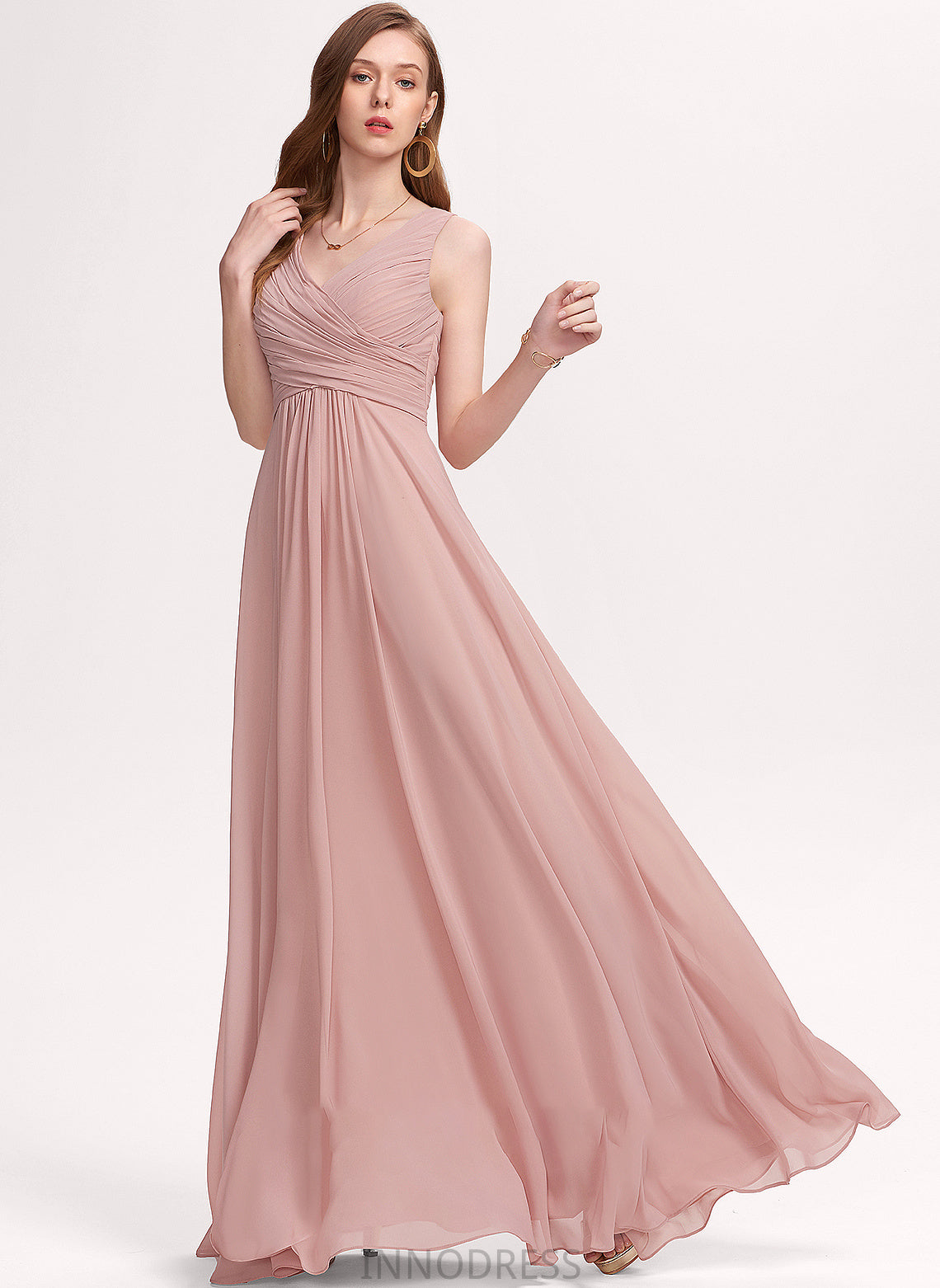 Chiffon V-neck Prom Dresses Ruffle A-Line Ashleigh With Floor-Length